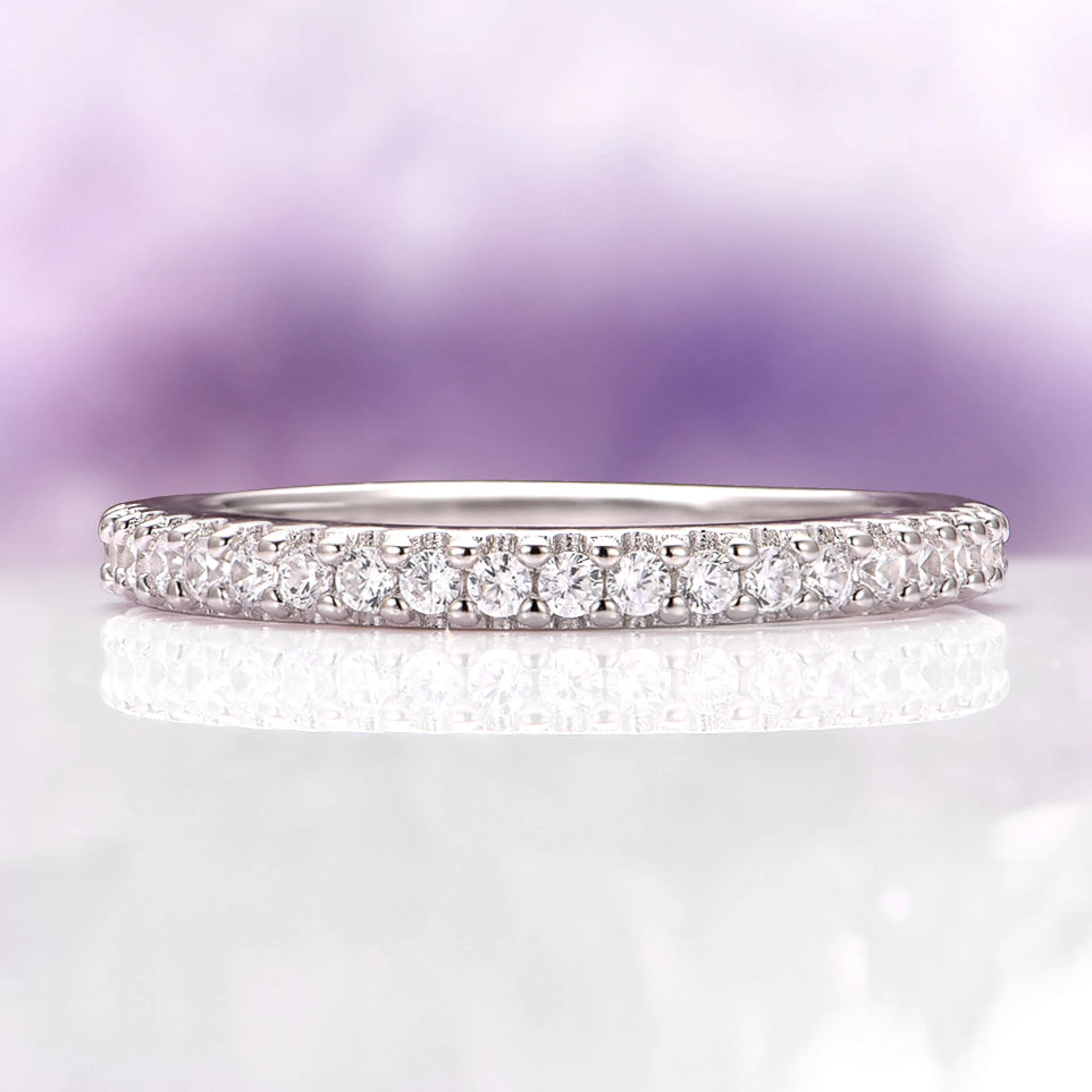 Minimalist Simulated Diamond Wedding Band in Sterling Silver (2mm)