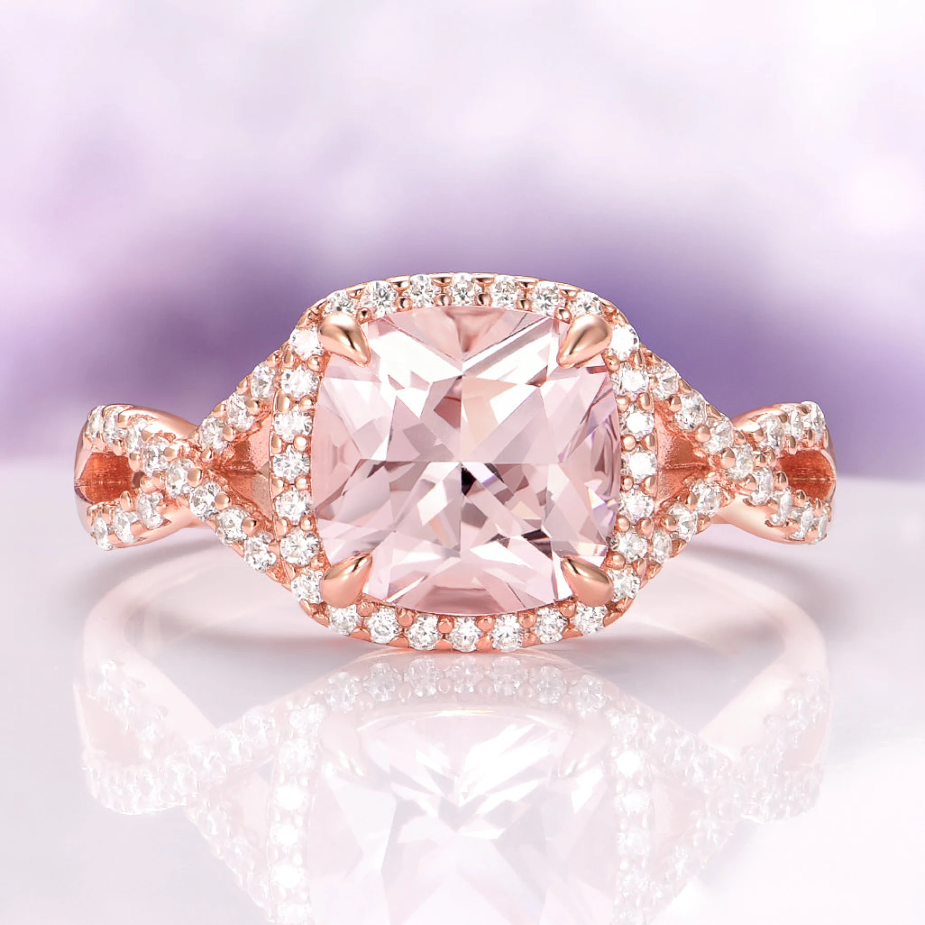 Flair Cushion Cut Morganite Engagement Ring in 14K Rose Gold Vermeil