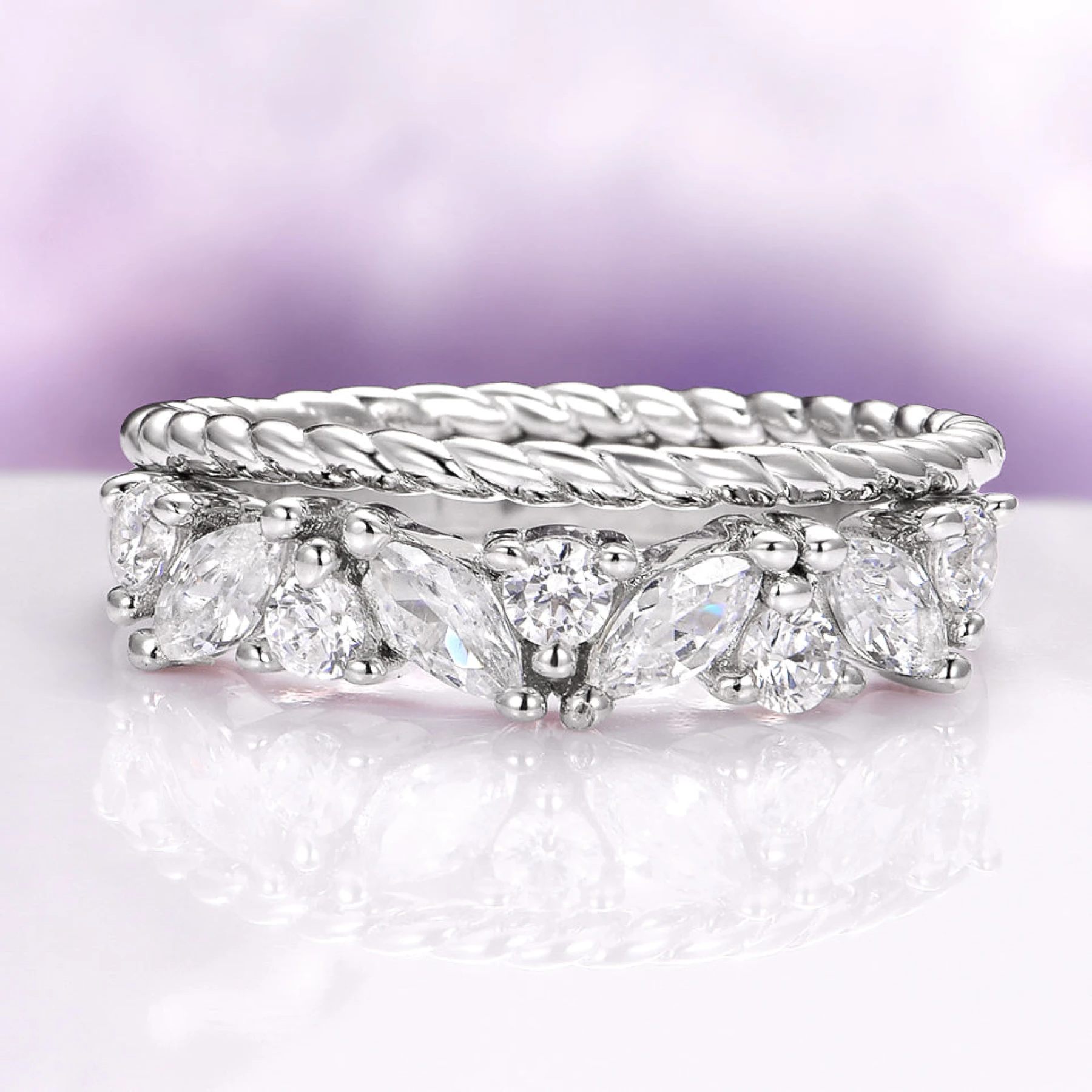 Willow White Sapphire Wedding Ring Set in Sterling Silver