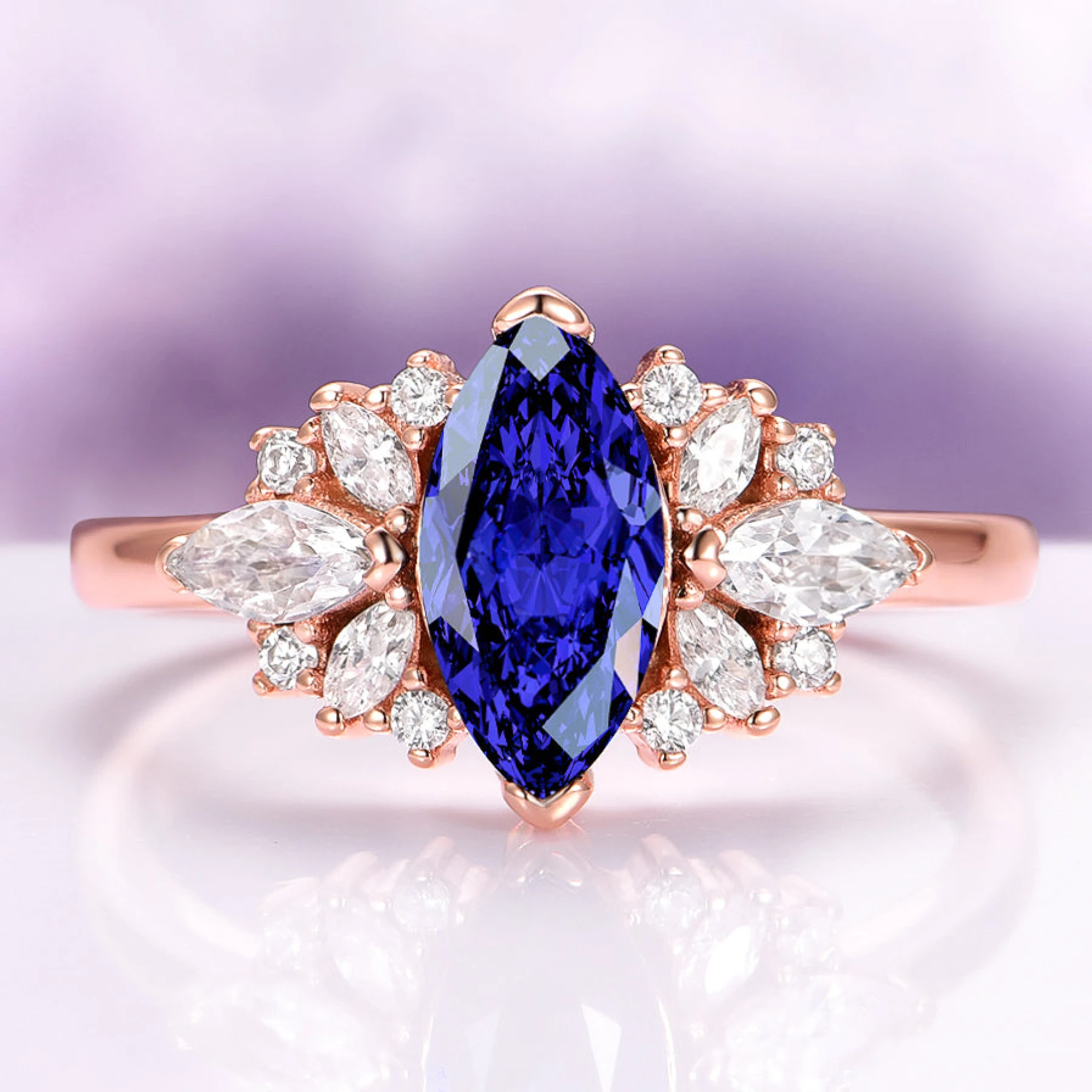 Adeline Marquise Cut Flower Blue Sapphire Engagement Ring in 14K Solid Rose Gold