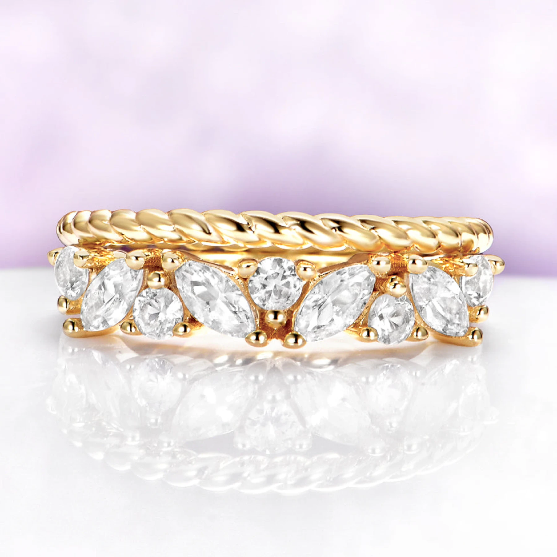 Willow White Sapphire Stacking Wedding Ring Set in 14K Yellow Gold Vermeil
