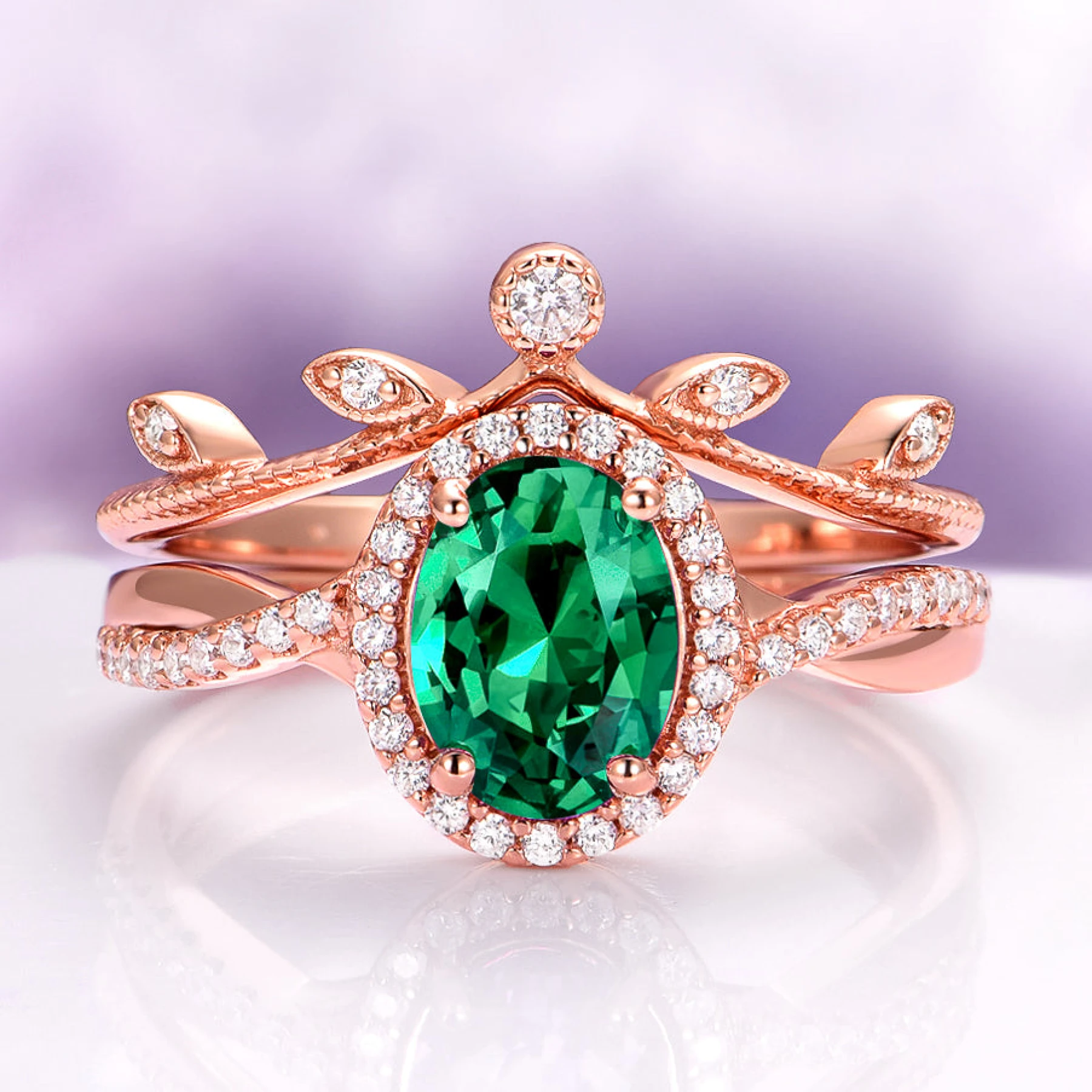 Oval Cut Emerald Leaf Ring Set in 14K Rose Gold Vermeil