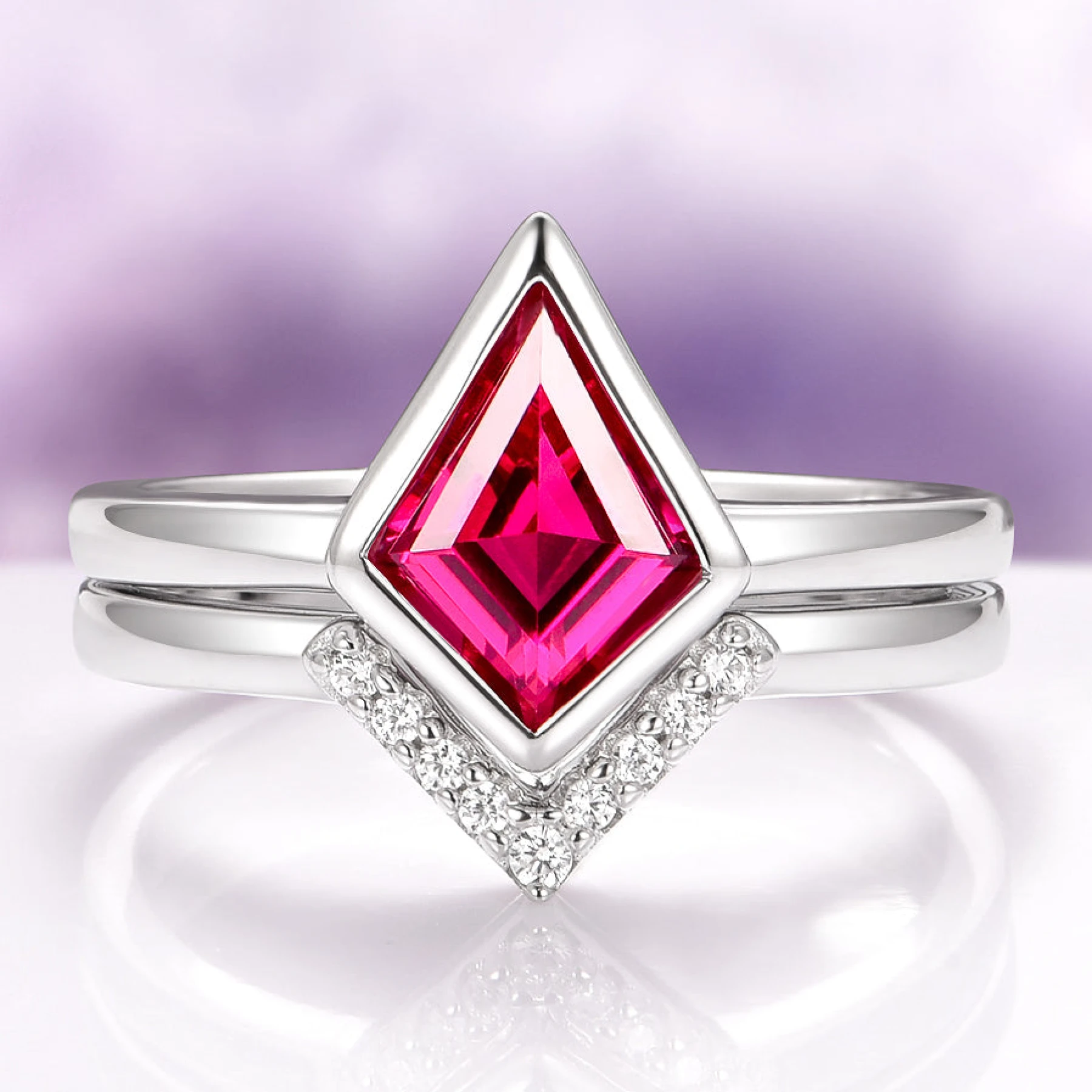 Minimalist Kite Cut Bezel Lab-Grown Ruby Ring Set in Sterling Silver