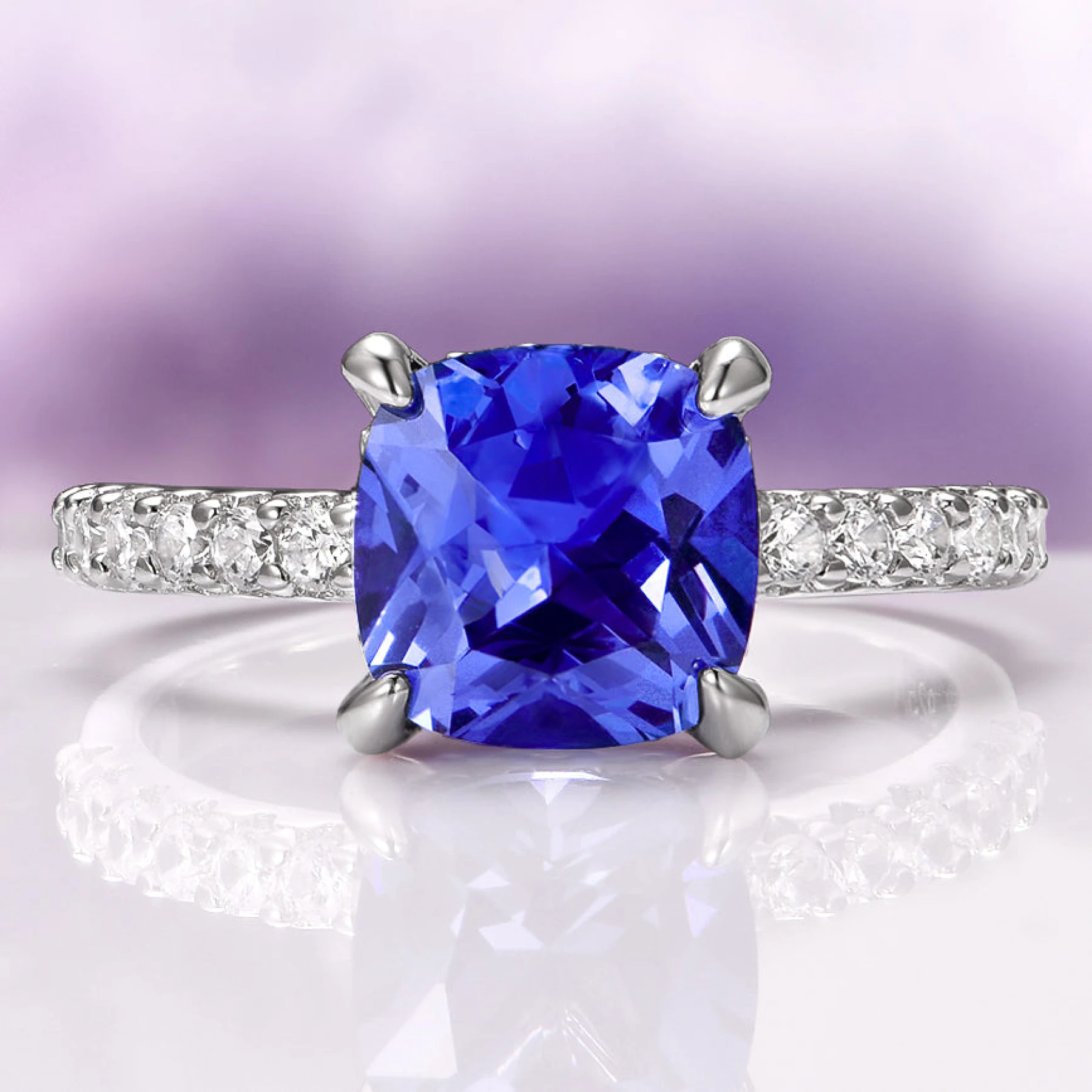 Cushion Cut Tanzanite Ring in Sterling Silver (Hidden Halo)
