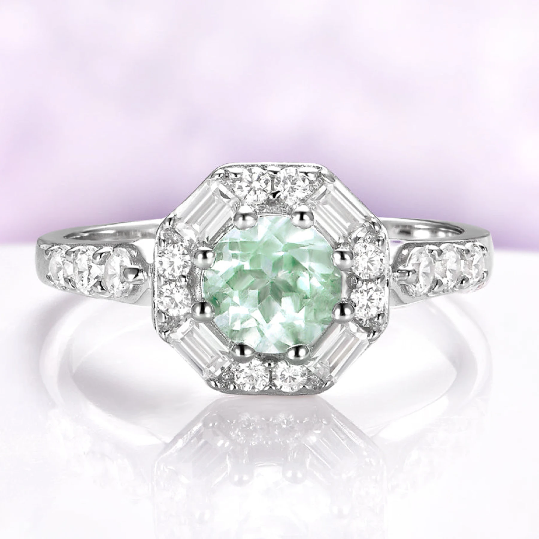 Vintage Octagon Halo Green Amethyst Ring in Sterling Silver