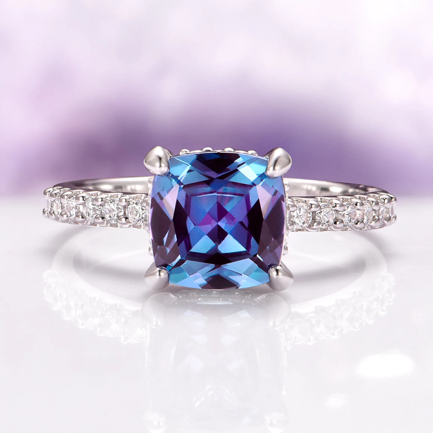 Cushion Cut Alexandrite Ring in Sterling Silver