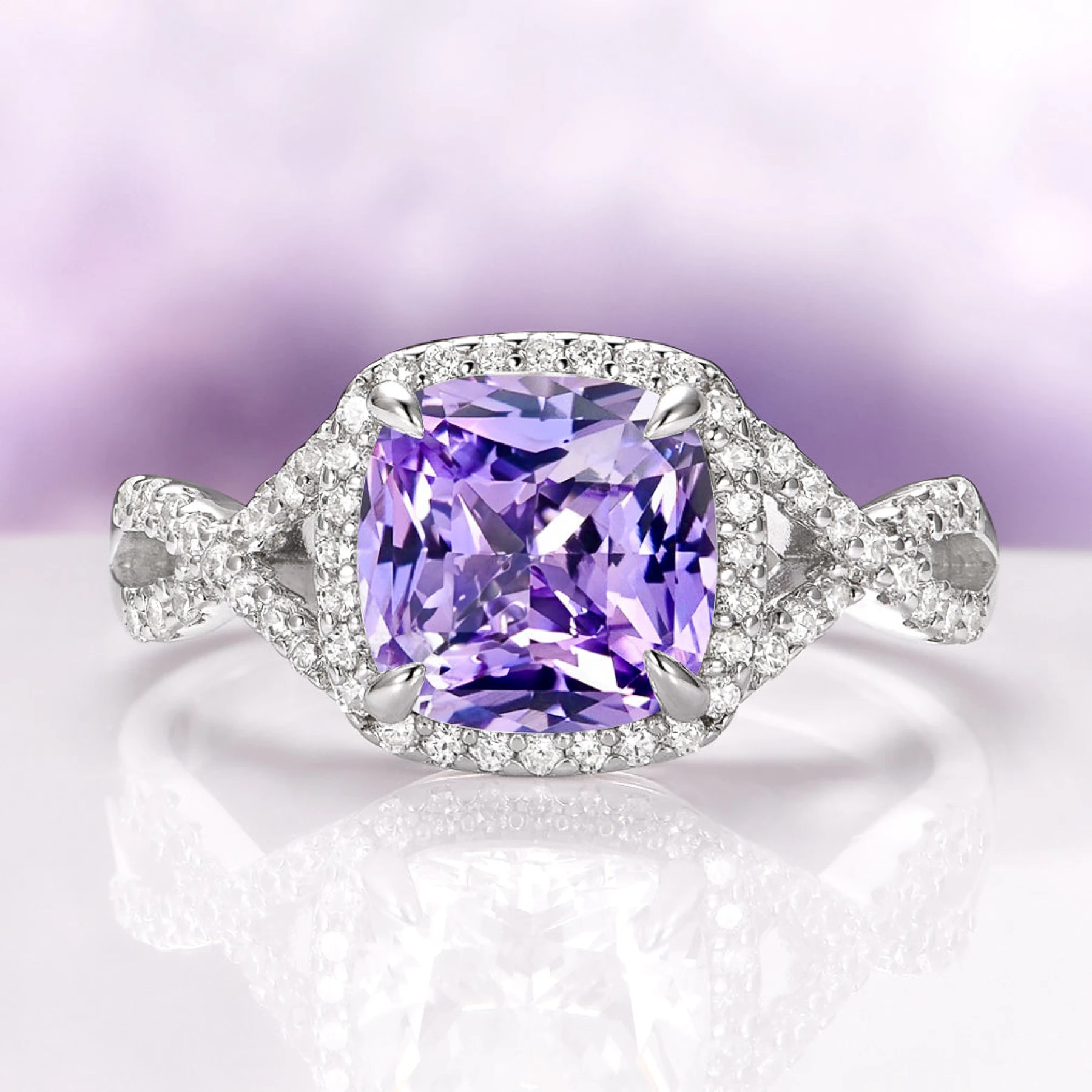 Flair Cushion Cut Natural Amethyst Ring in Sterling Silver