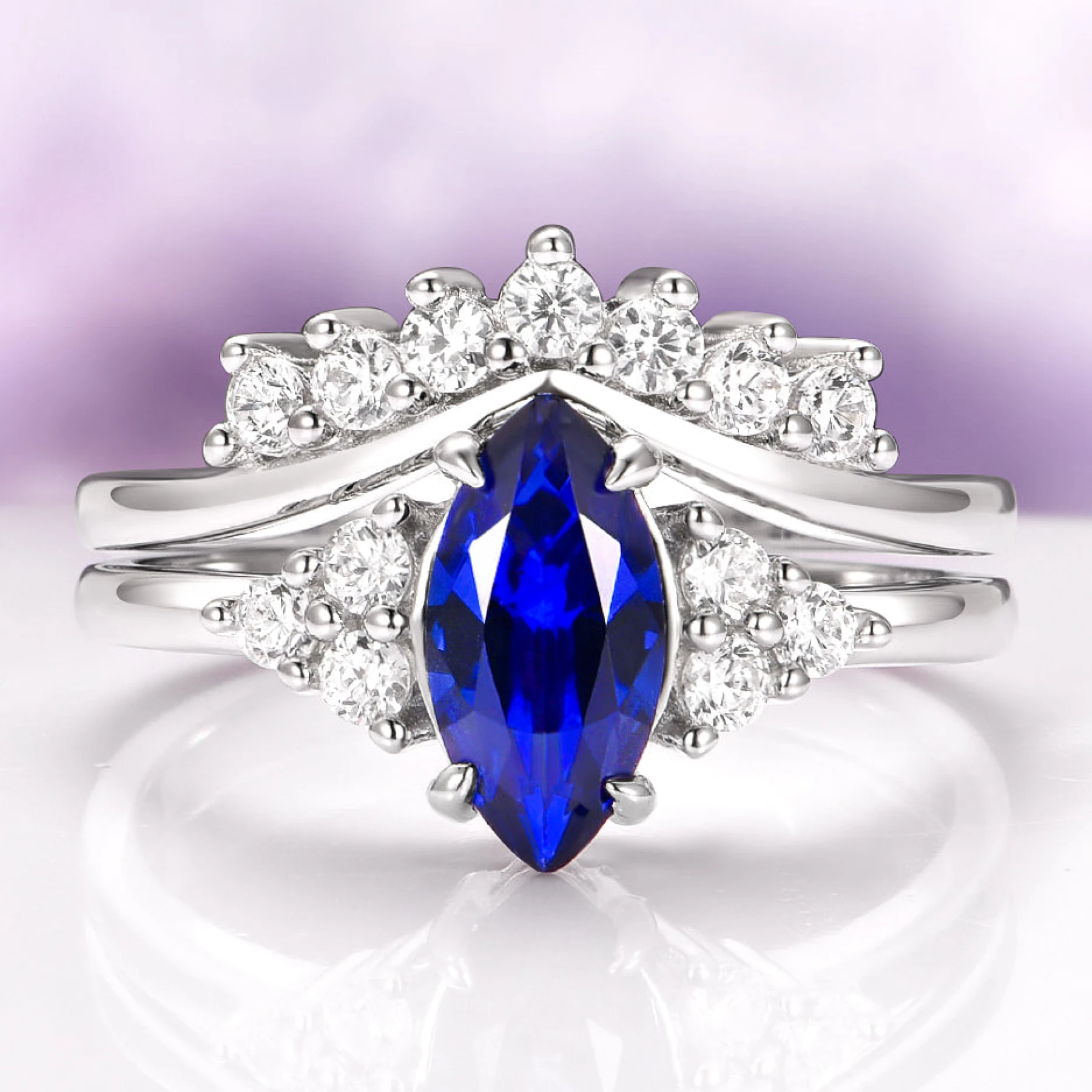 Marquise Cut Blue Sapphire Bridal Ring Set in Sterling Silver