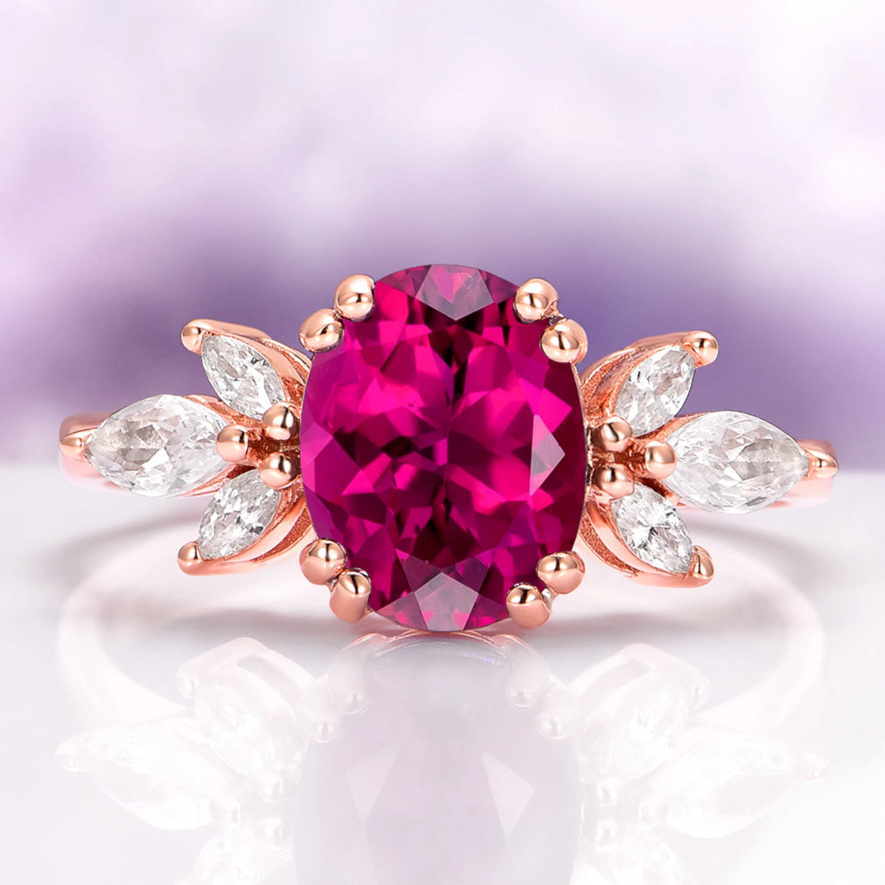 Eva Oval Cut Lab Grown Ruby Engagement Ring in 14K Rose Gold Vermeil