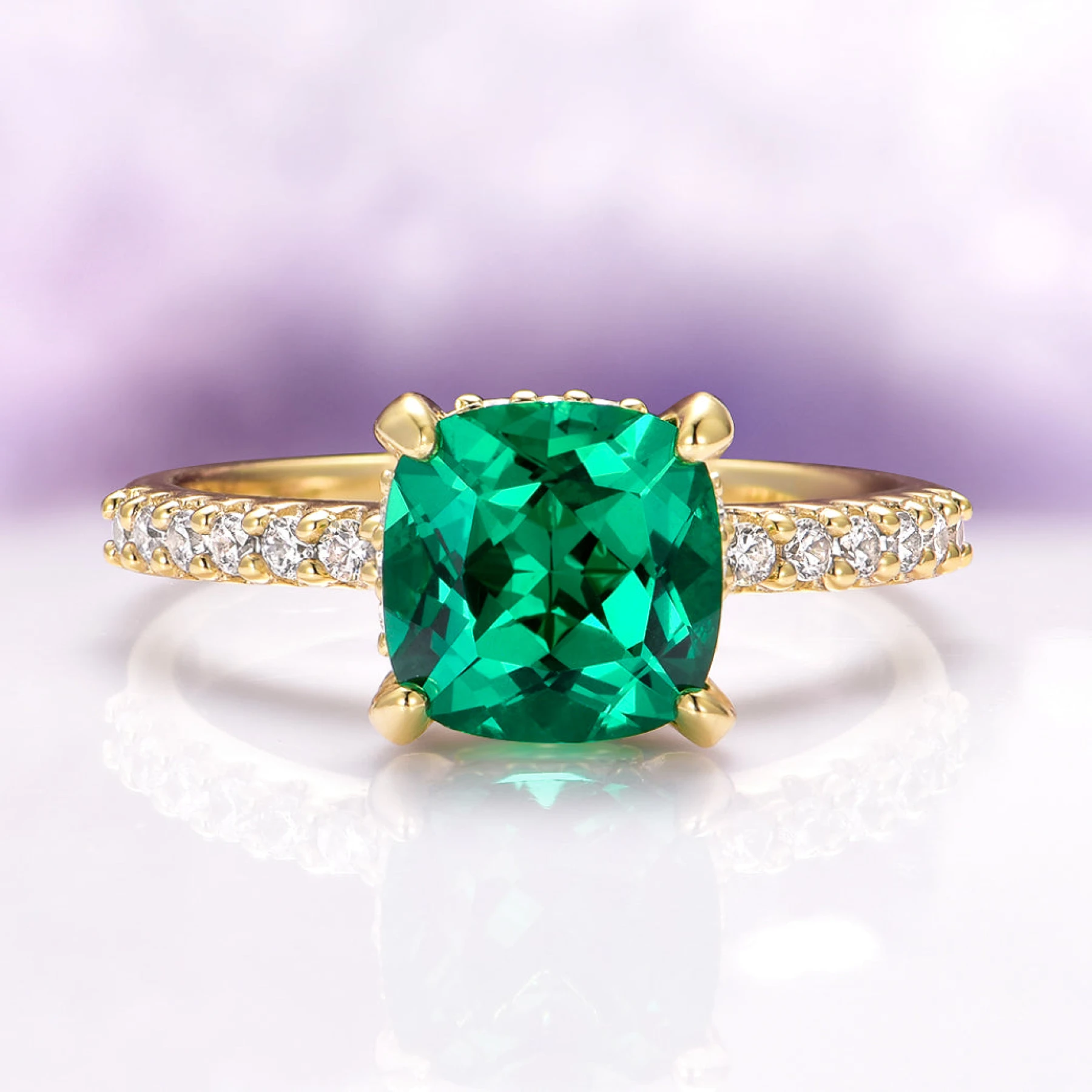 Cushion Cut Emerald Engagement Ring in 14K Yellow Gold Vermeil
