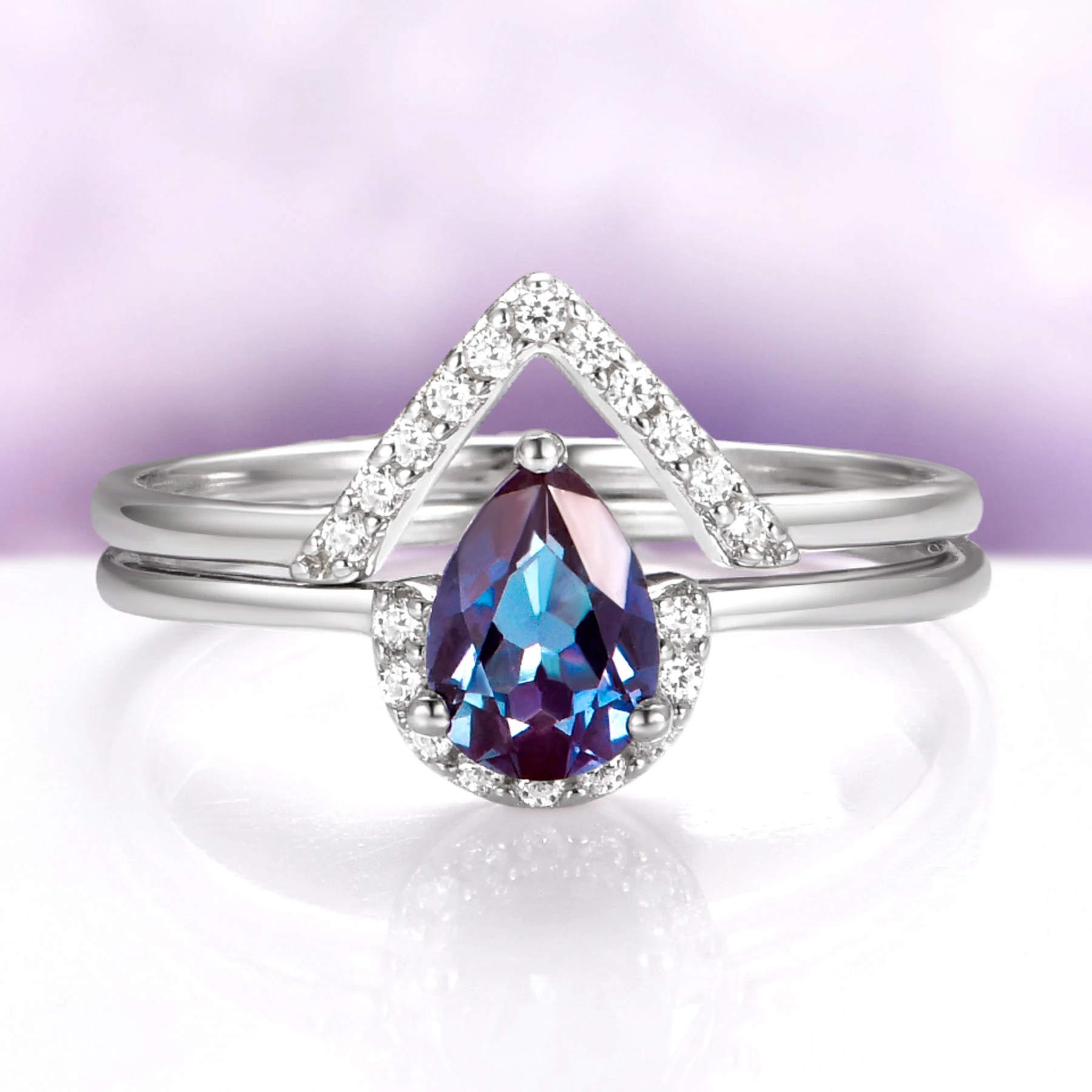 Aria Teardrop Alexandrite Stacking Ring Set in Sterling Silver