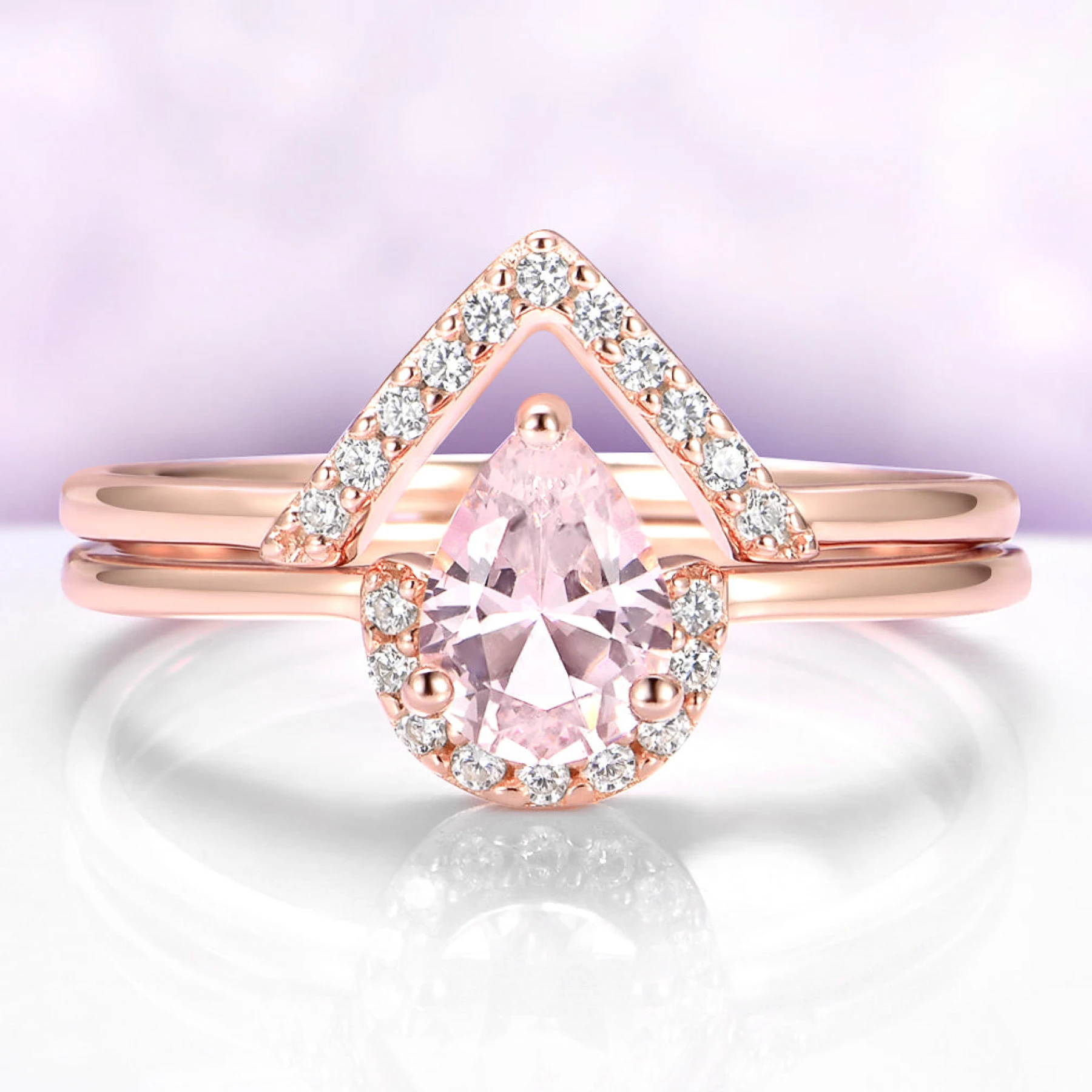 Pear Morganite Chevron Stacking Ring Set in Rose Gold Vermeil
