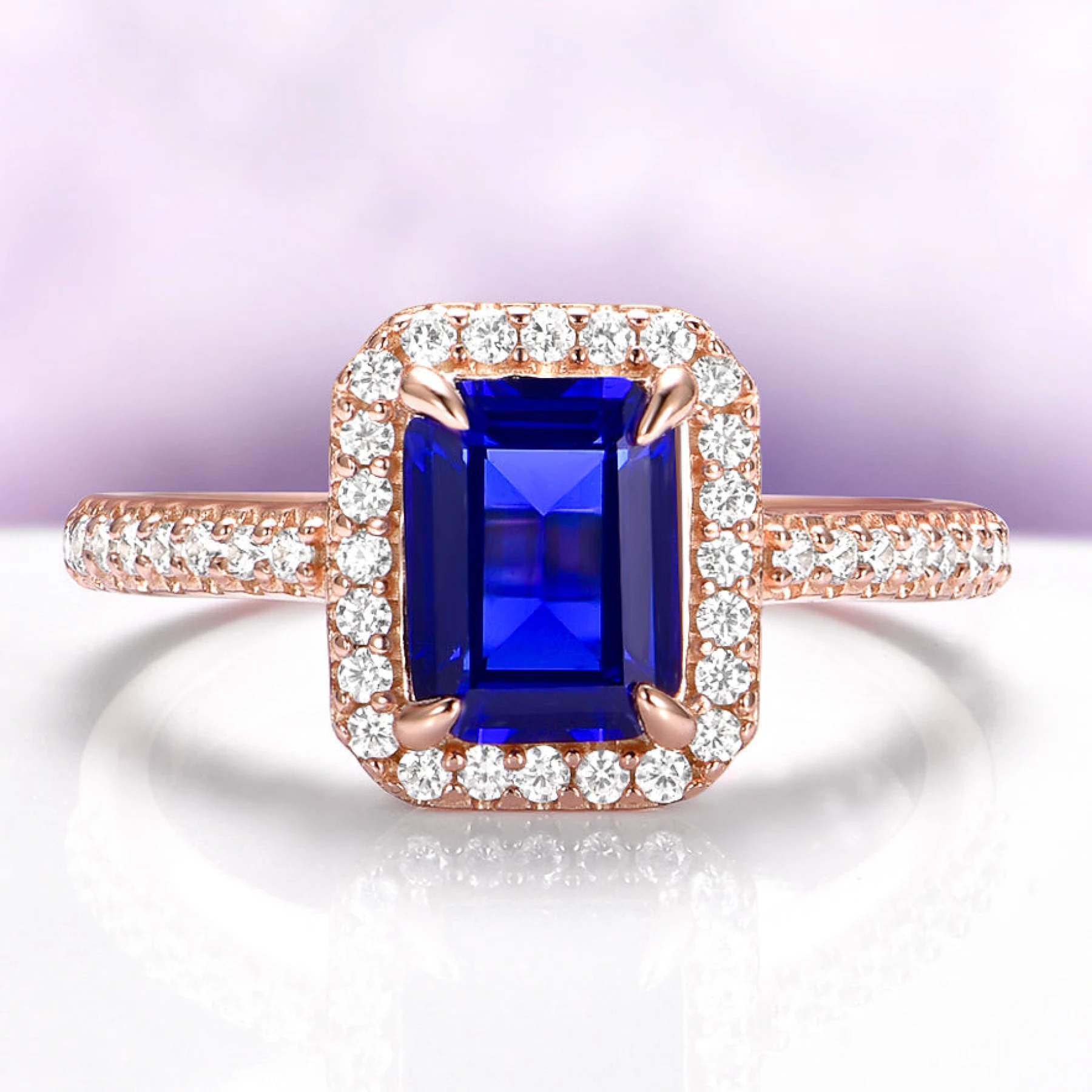 Emerald Cut Blue Sapphire Ring in 14K Rose Gold Vermeil