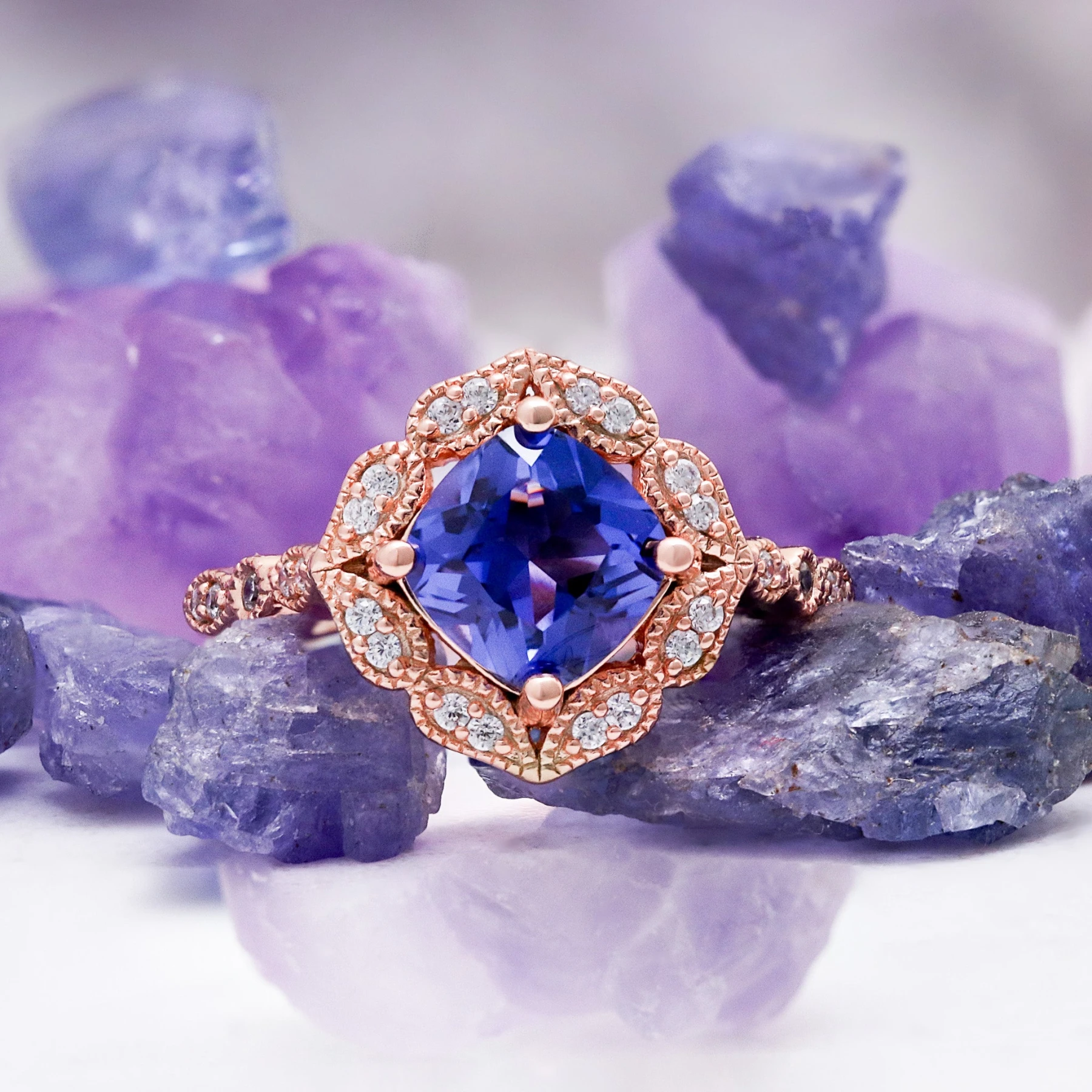 Art Deco Cushion Cut Tanzanite Engagement Ring in 14K Rose Gold Vermeil
