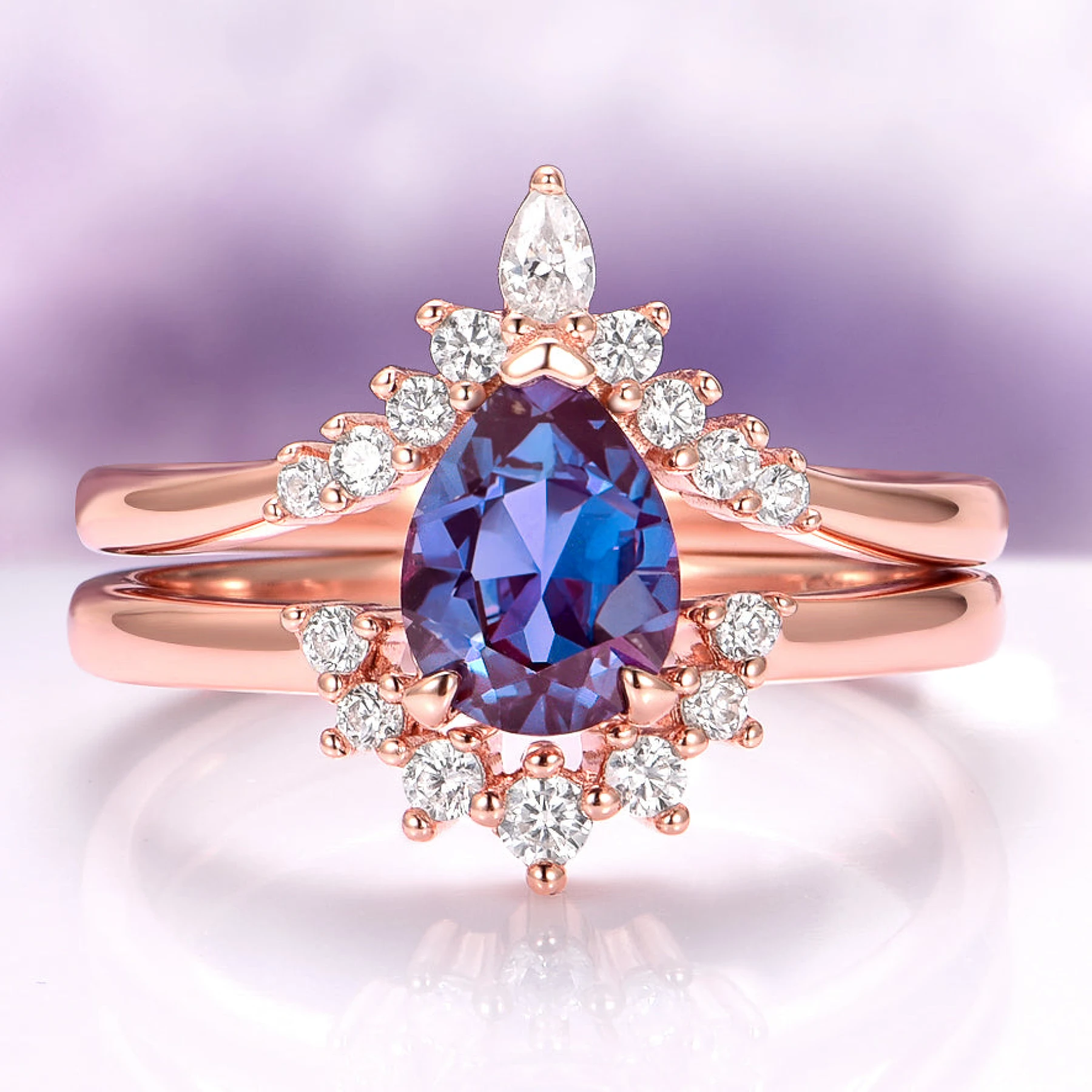 Lunette Teardrop Alexandrite Ring Set in 14K Rose Gold Vermeil
