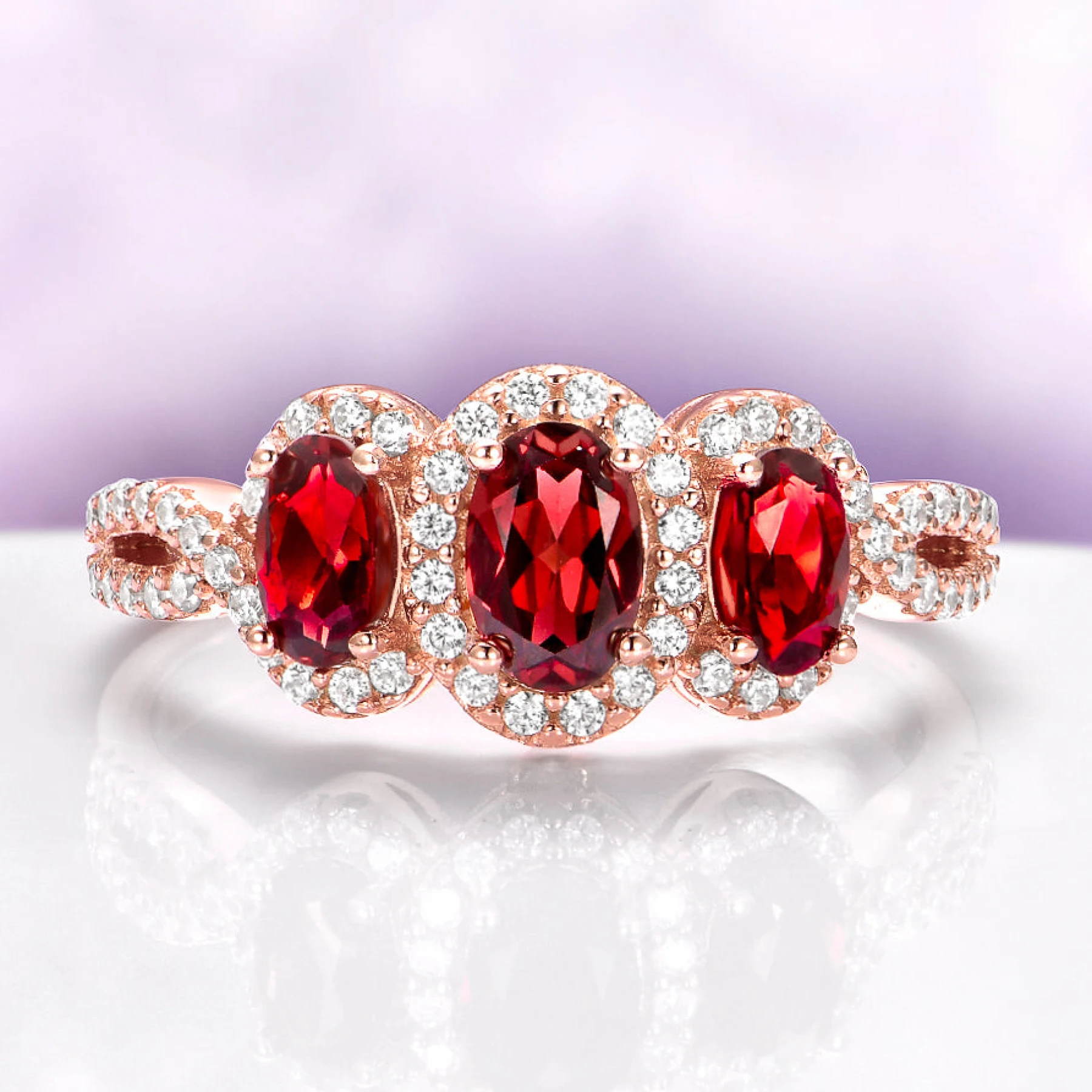 Three Stone Garnet Engagement Ring in 14K Rose Gold Vermeil