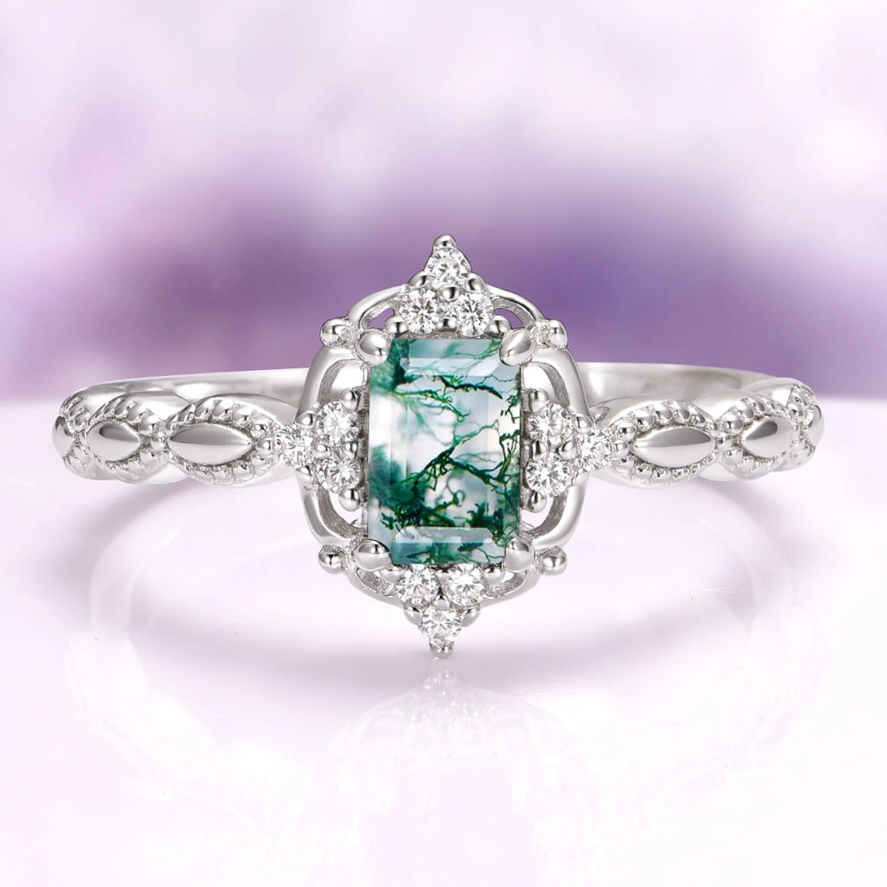 Vintage Green Moss Agate Engagement Ring in Sterling Silver