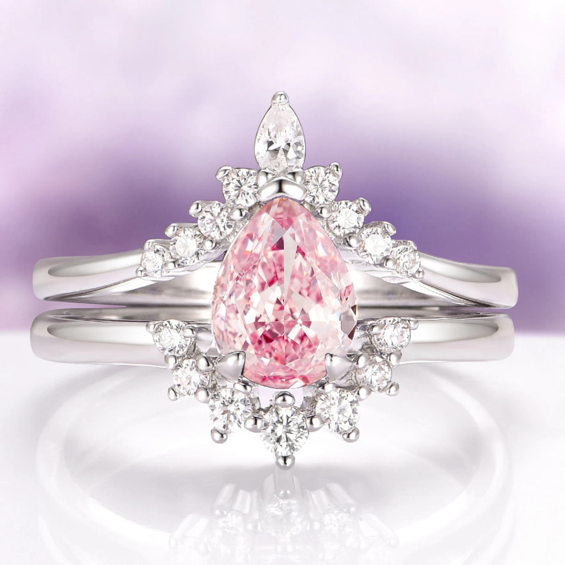 Lunette Teardrop Pink Tourmaline Engagement Ring Set in Sterling Silver