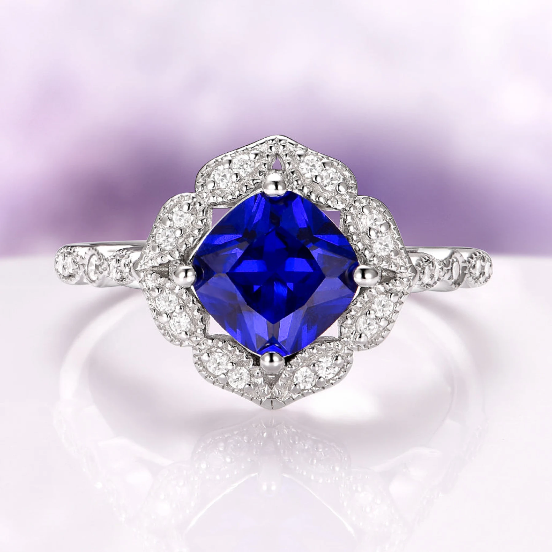 Cushion Cut Blue Sapphire Engagement Ring in Sterling Silver