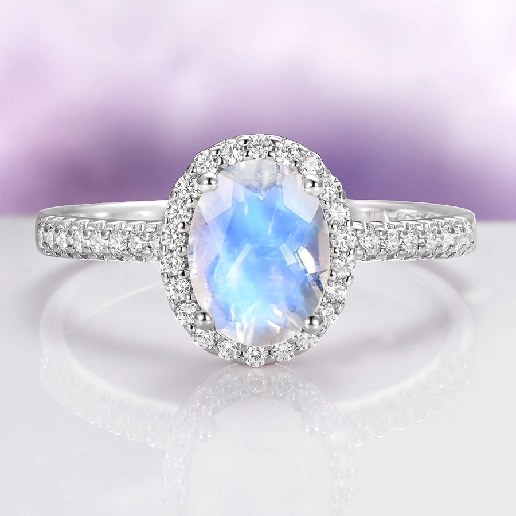 Iris Natural Oval Cut Moonstone Engagement Ring in Sterling Silver