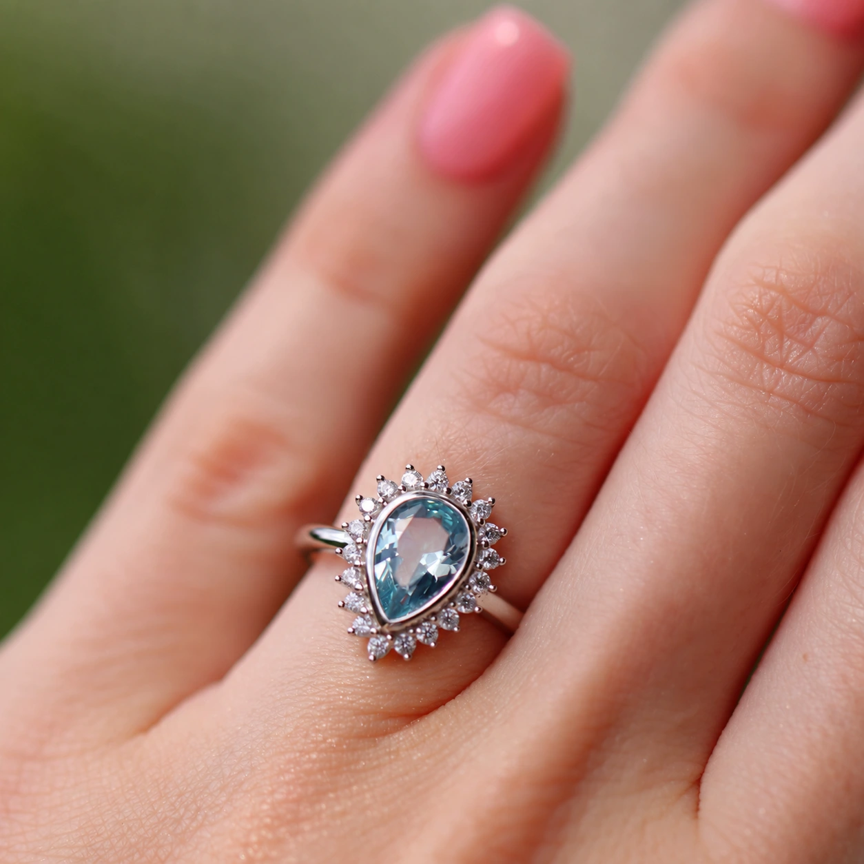 Teardrop aquamarine bezel ring worn on finger, full view