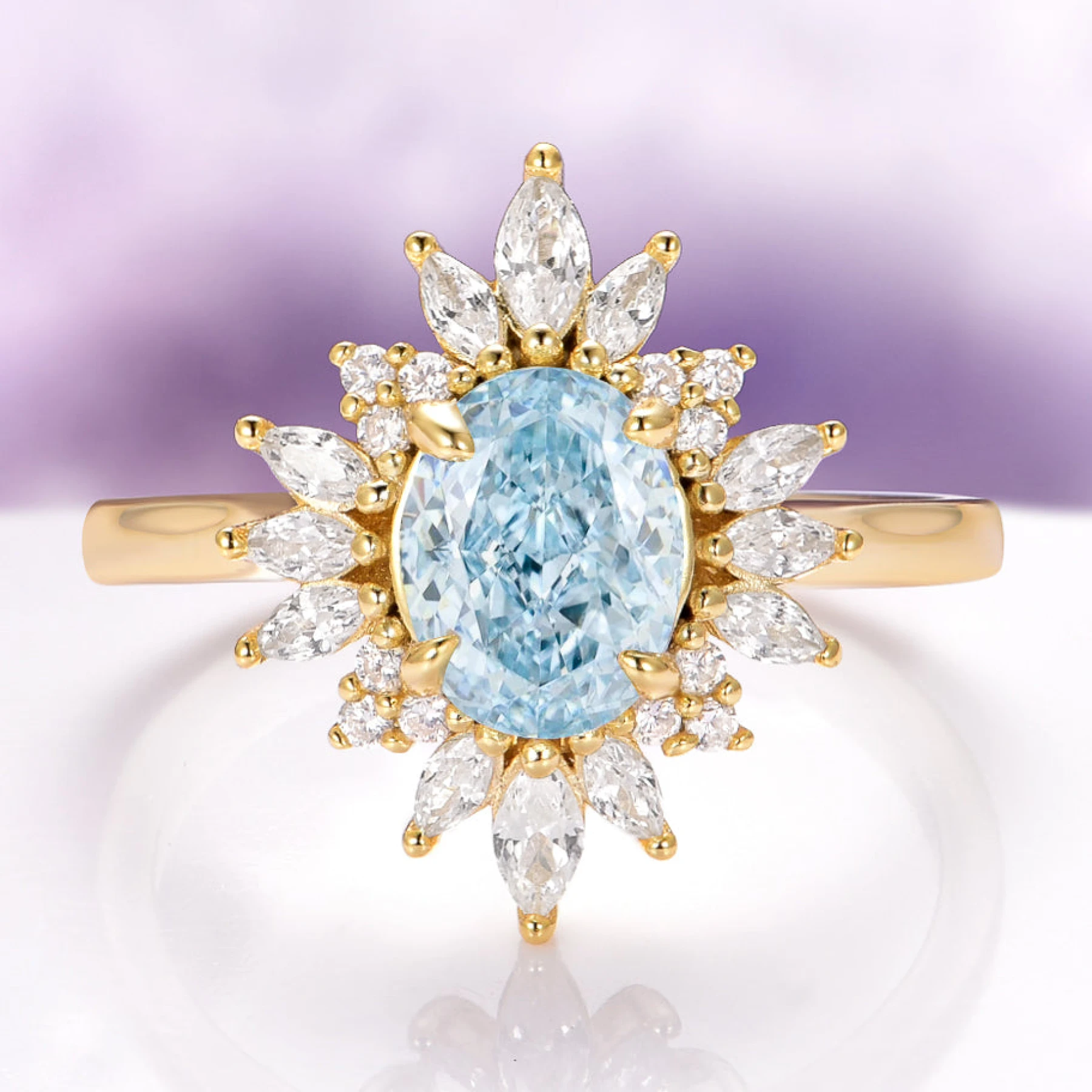 Aurora Natural Aquamarine Engagement Ring in 14K Solid Yellow Gold