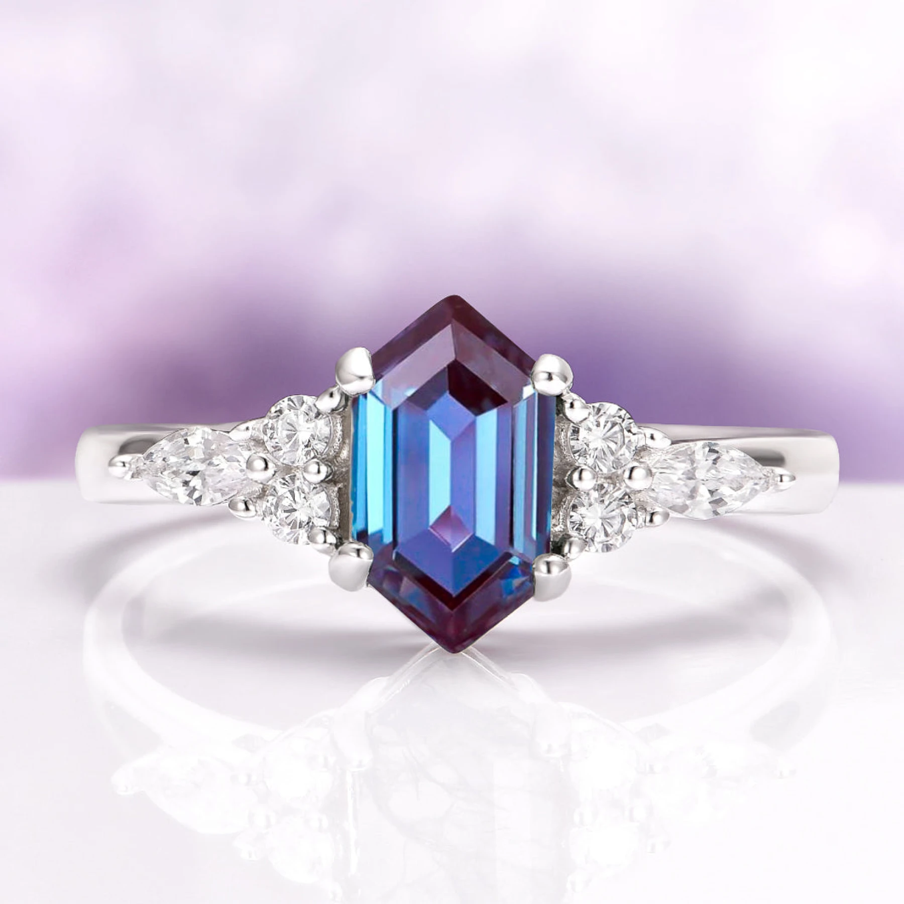Sonnet Hexagon Cut Alexandrite Engagement Ring in 14K White Gold