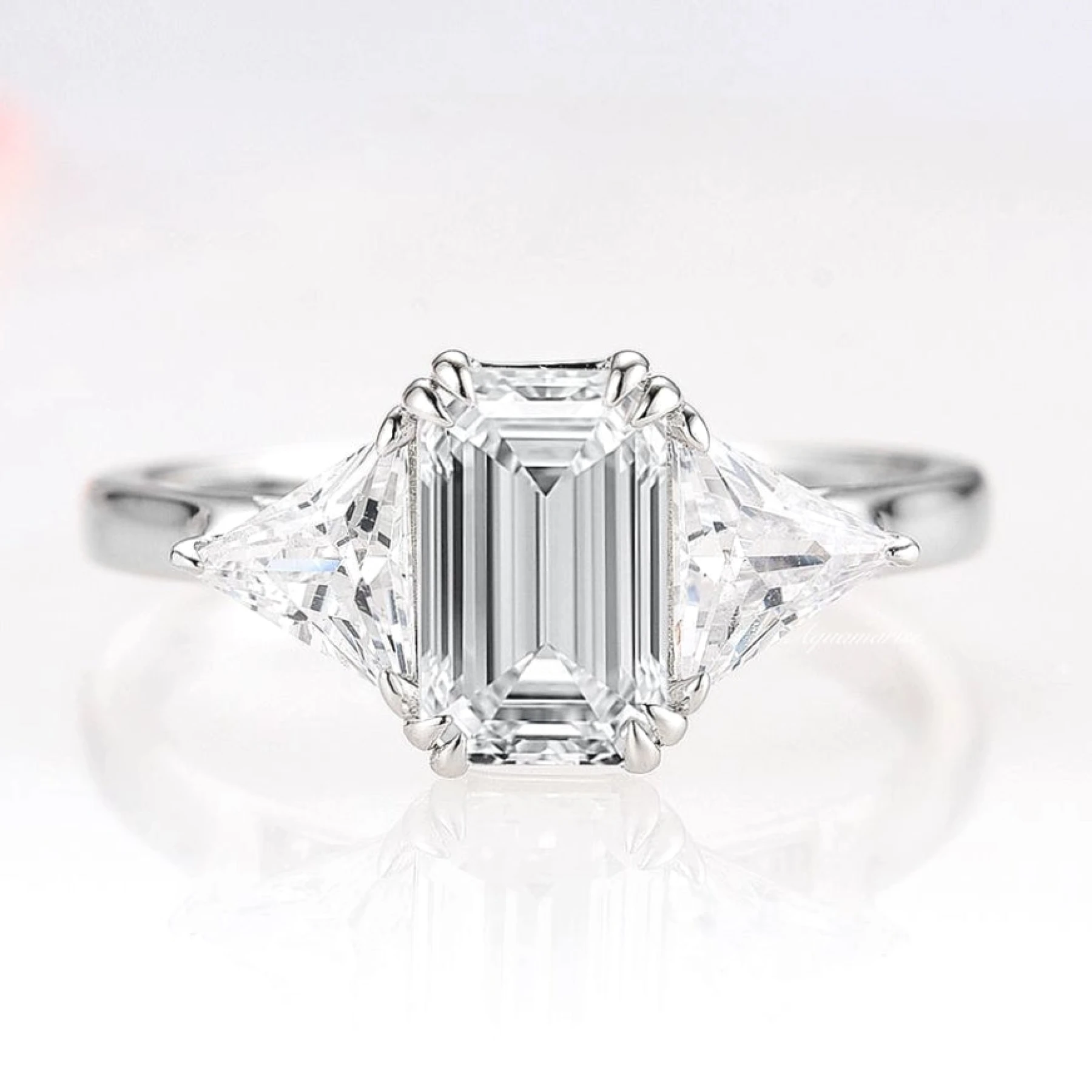 Emerald Cut Three Stone Moissanite Engagement Ring in 14K White Gold