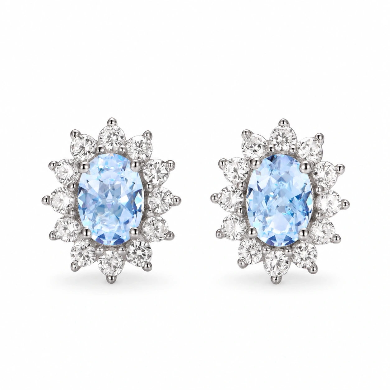 Diana Halo Oval Aquamarine Stud Earrings in Sterling Silver