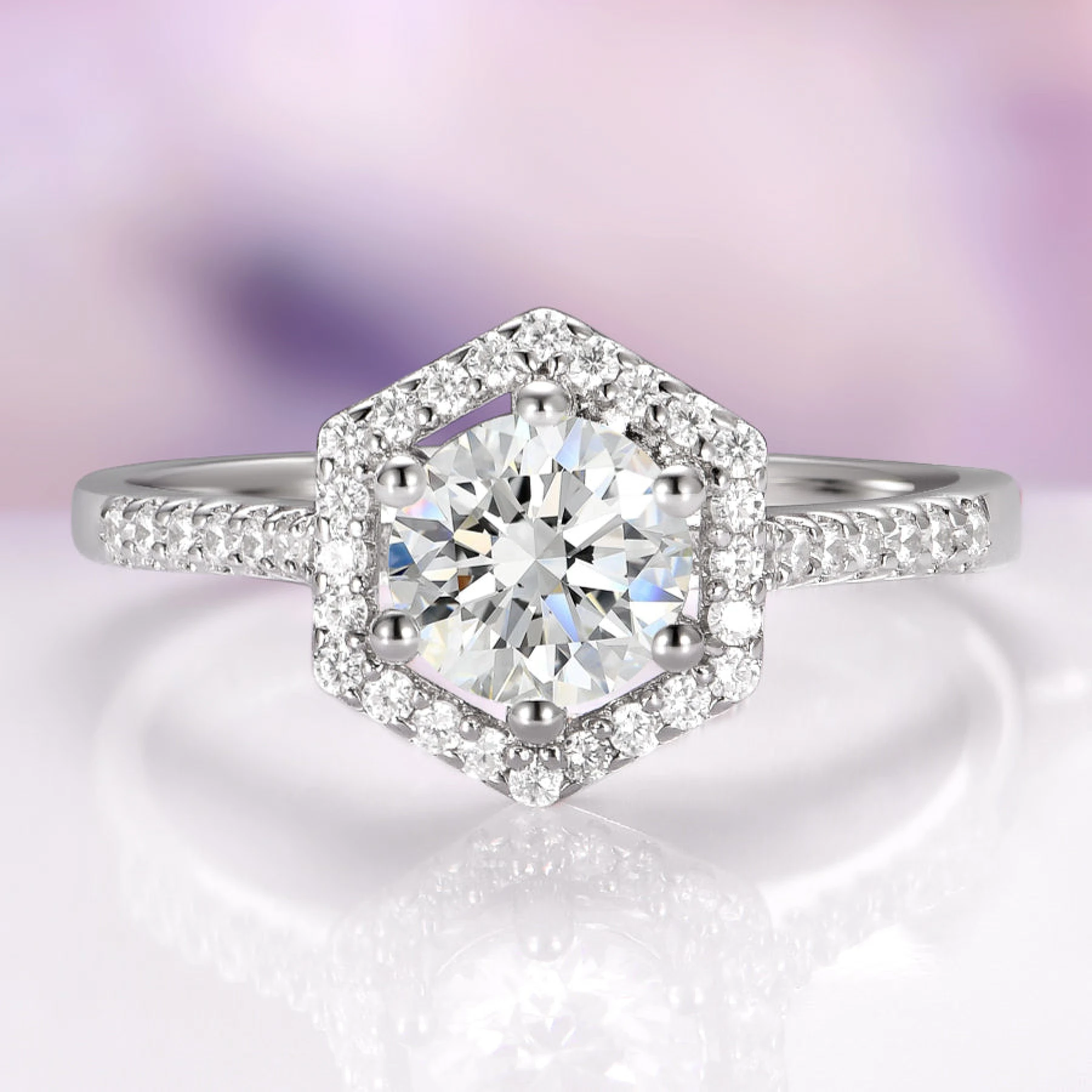 Hexagon Engagement Ring in 14K White Gold