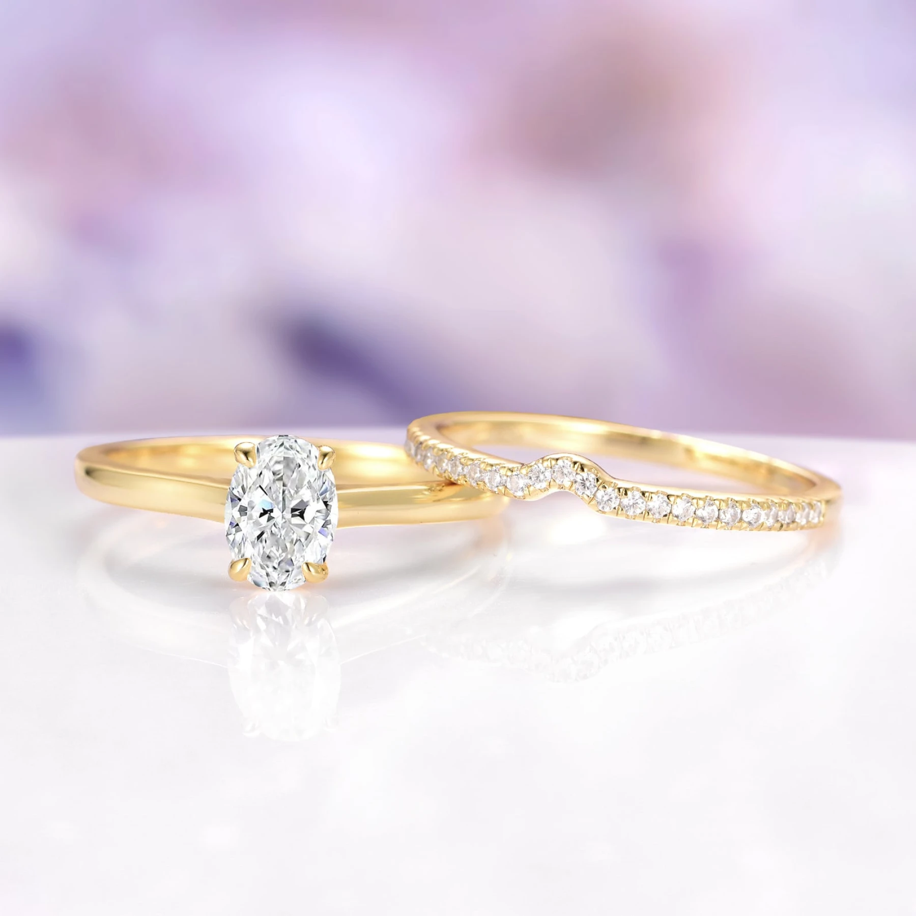 Oval Moissanite Engagement Ring Set in Solid 14K Yellow Gold