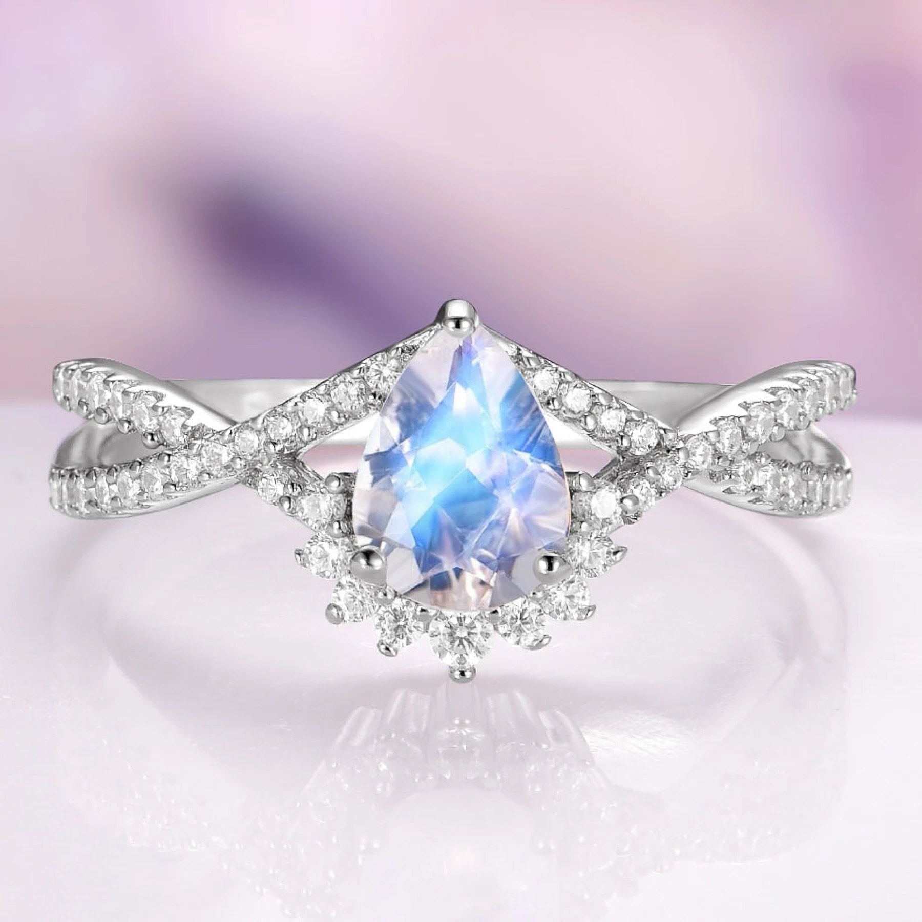 Alice Vintage Inspired Moonstone Engagement Ring in 14K White Gold