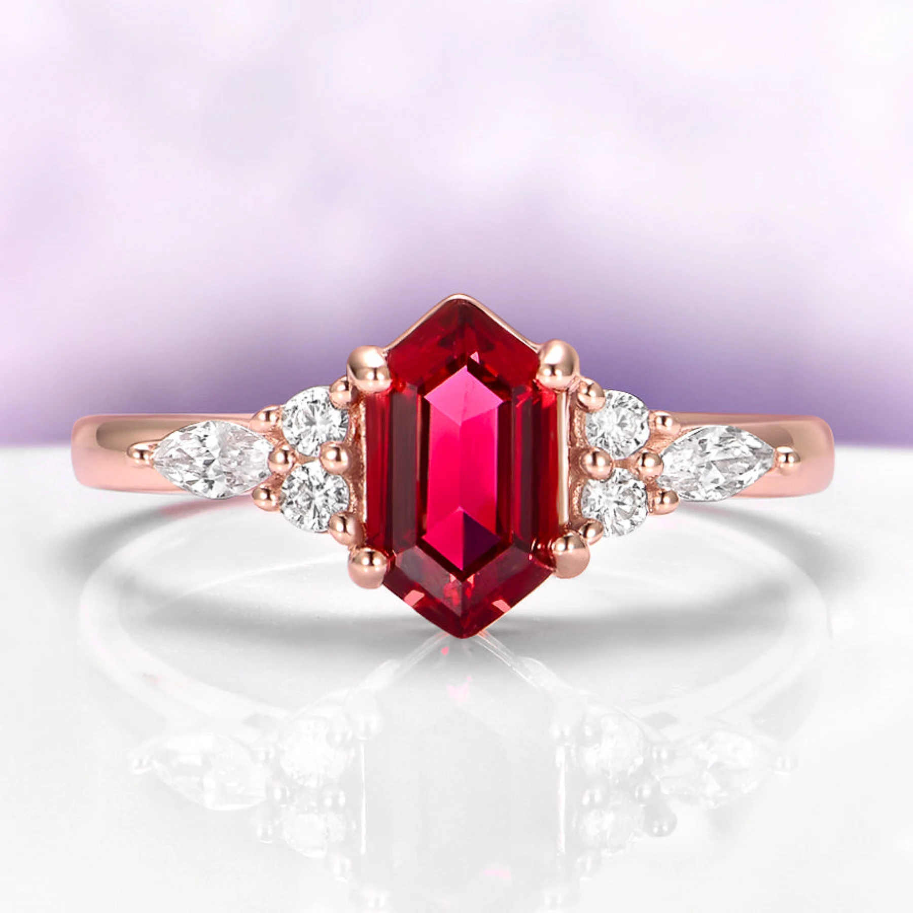 Sonnet Hexagon Ruby Engagement Ring in 14K Rose Gold Vermeil