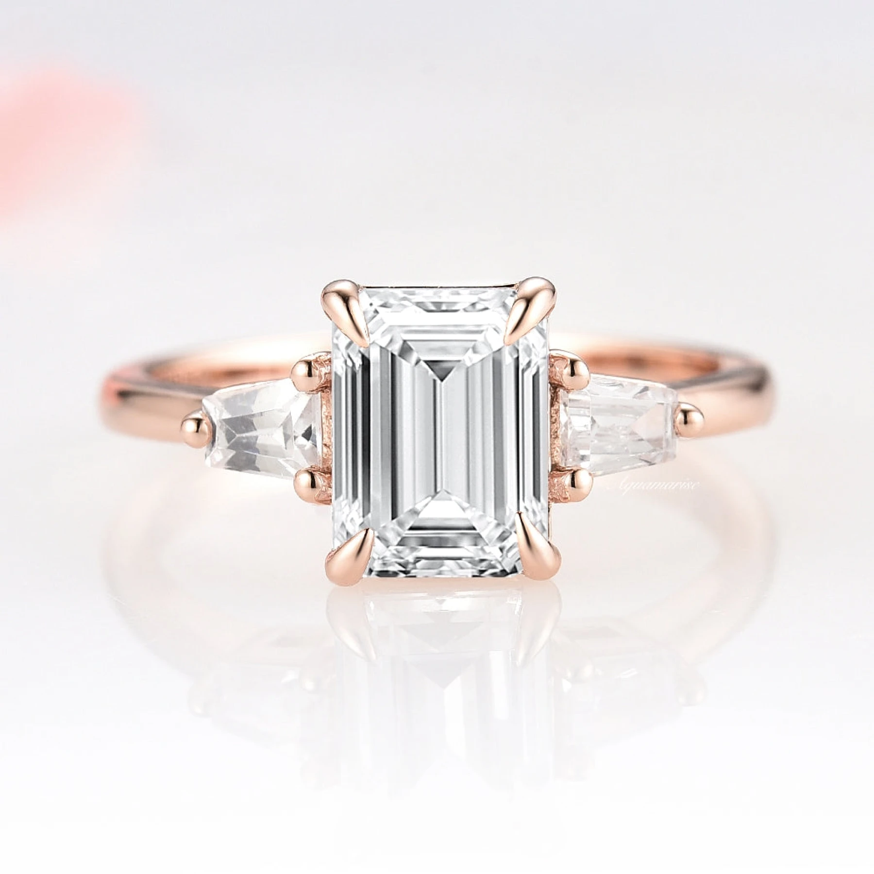 Emerald Cut Baguette Three Stone Engagement Ring in 14K Solid
