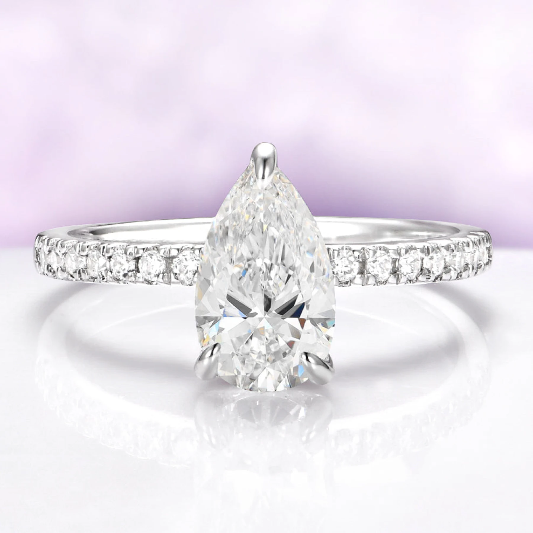 Pear Shaped Engagement Ring in 14K White Gold (Hidden Halo)