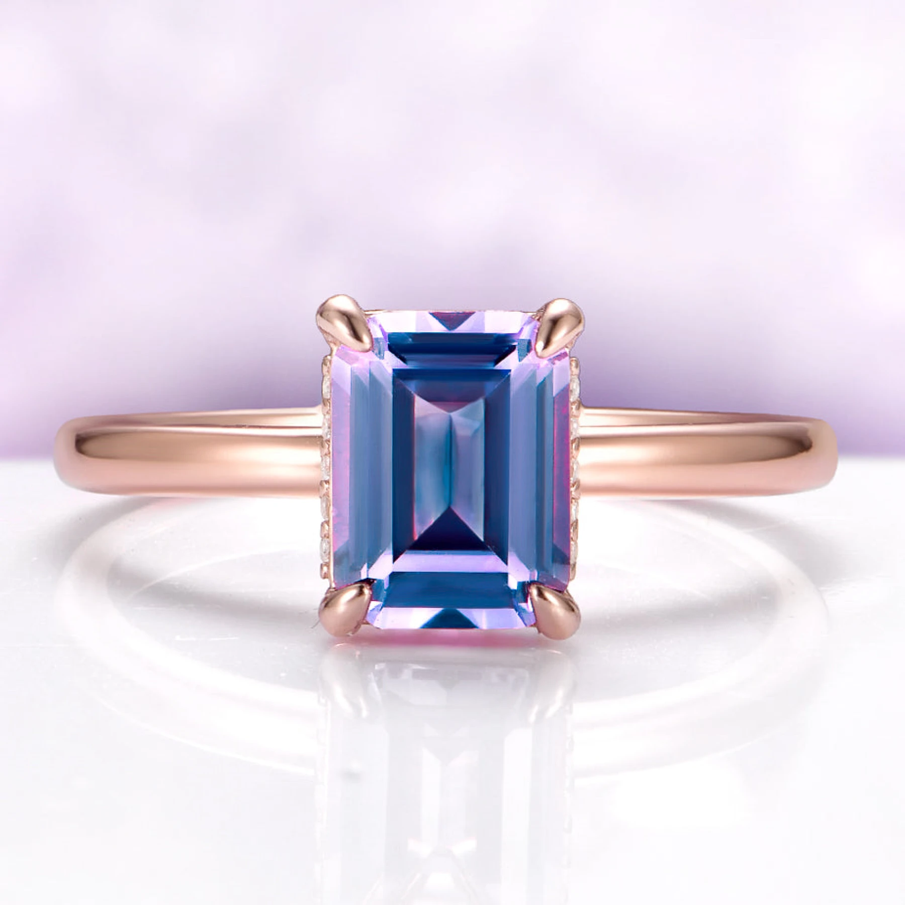 Solitaire Alexandrite Hidden Halo Engagement Ring in 14K Rose Gold Vermeil