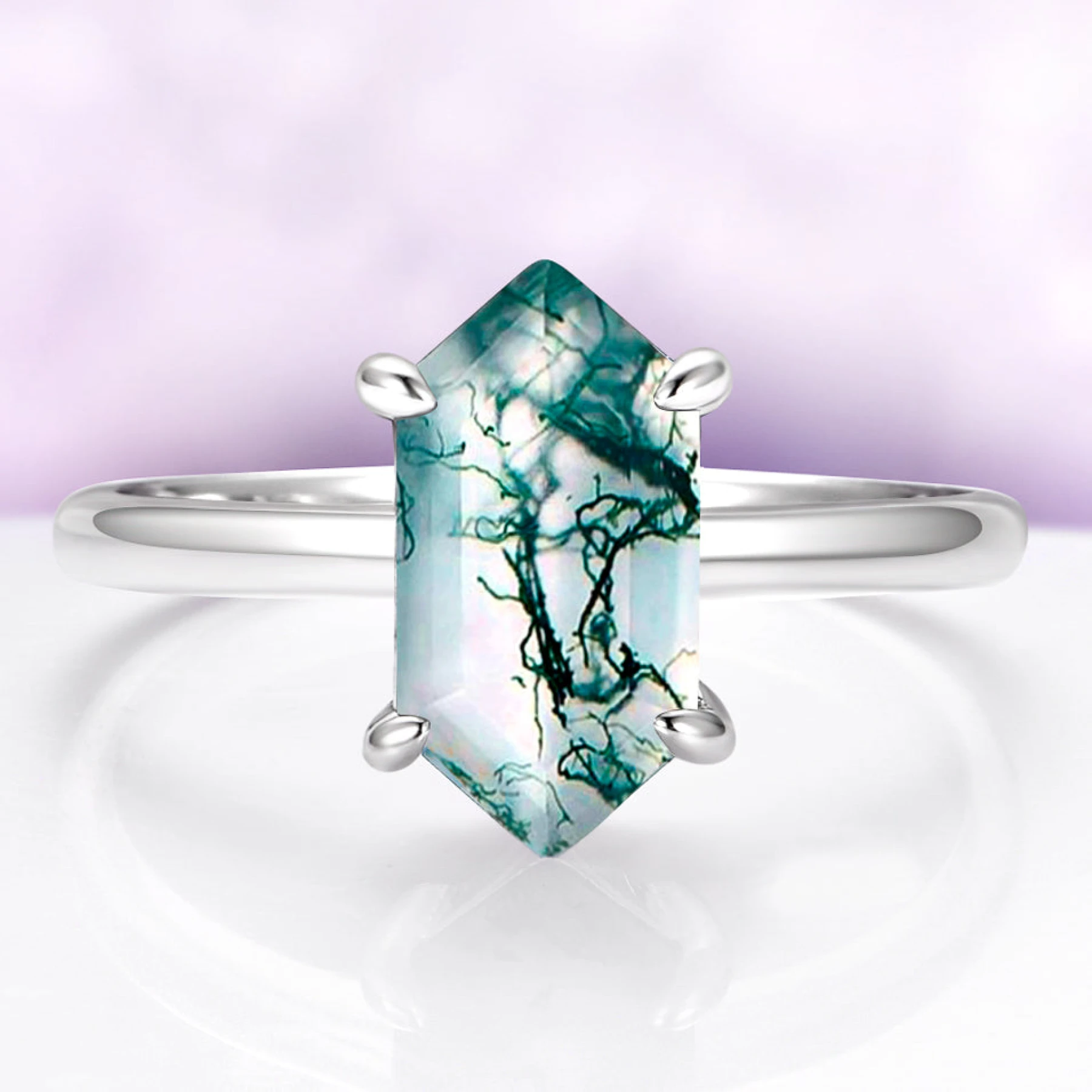 Hexagon Green Moss Agate Ring in Sterling Silver