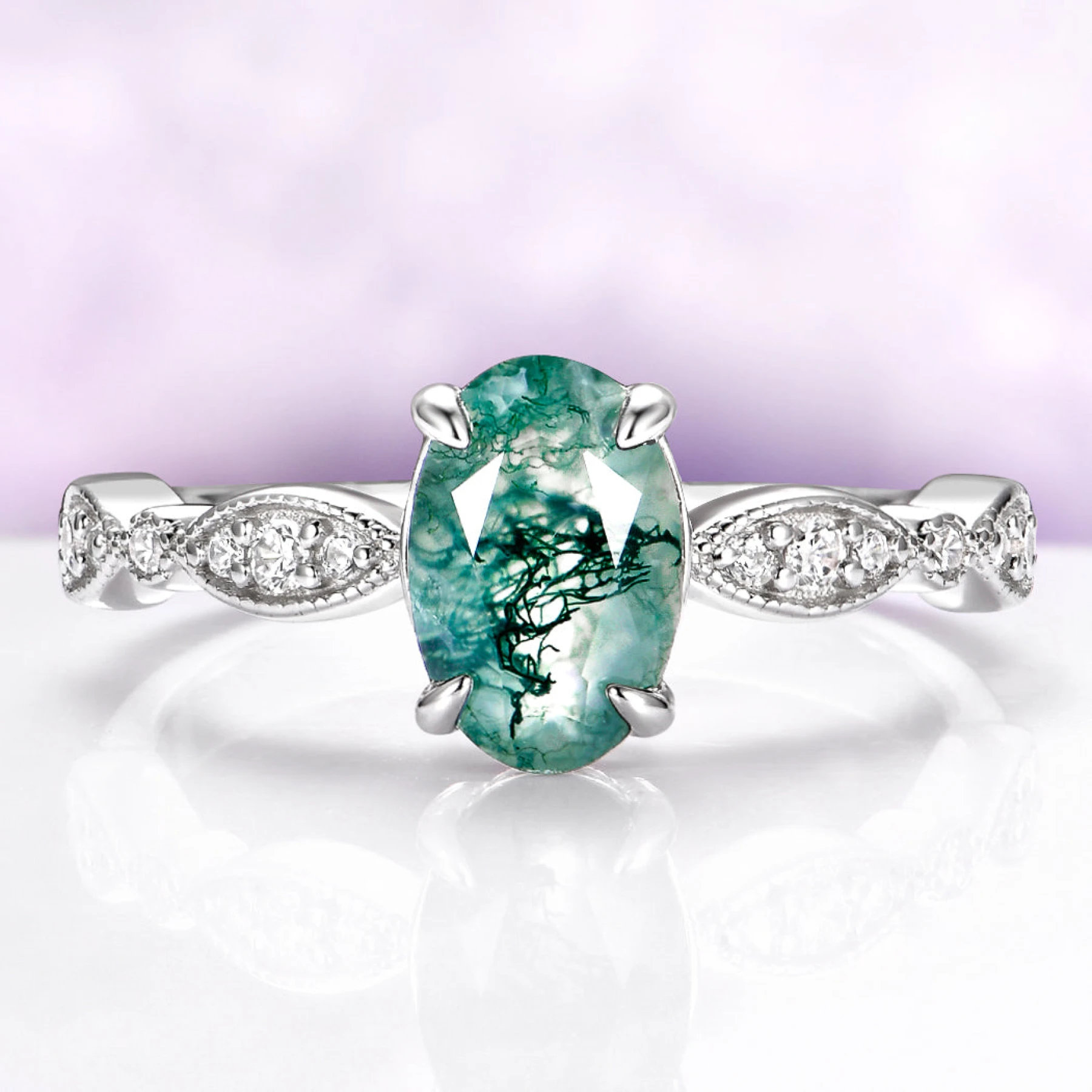 Art Deco Natural Moss Agate Ring in Sterling Silver