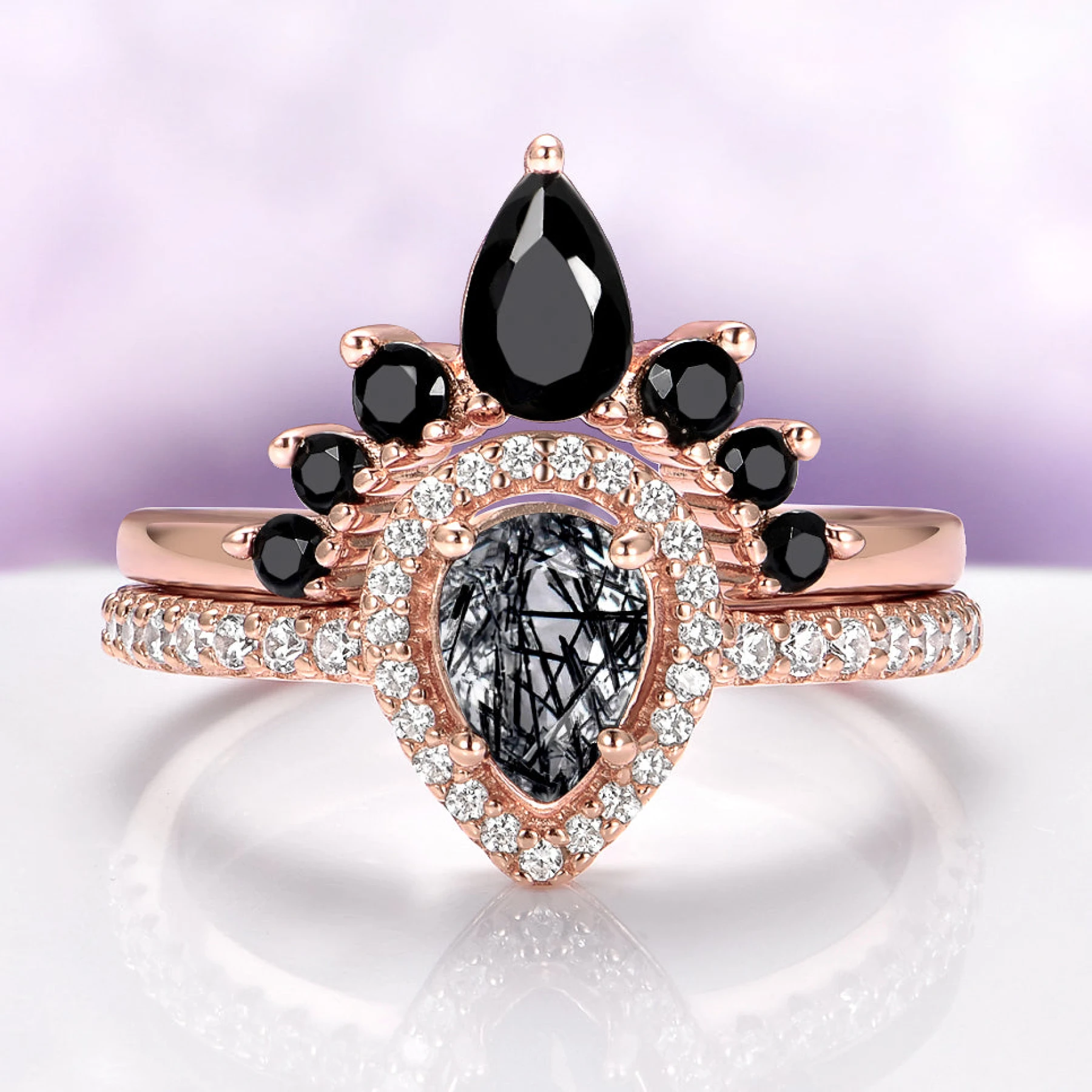 Amy Rutilated Quartz & Black Onyx Ring Set in 14K Rose Gold Vermeil