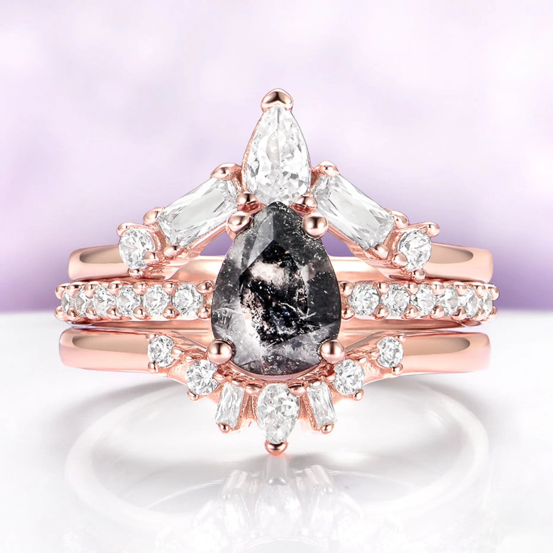 Galaxy Raw Salt & Pepper (Herkimer) Diamond Ring Set in 14K Rose Gold Vermeil