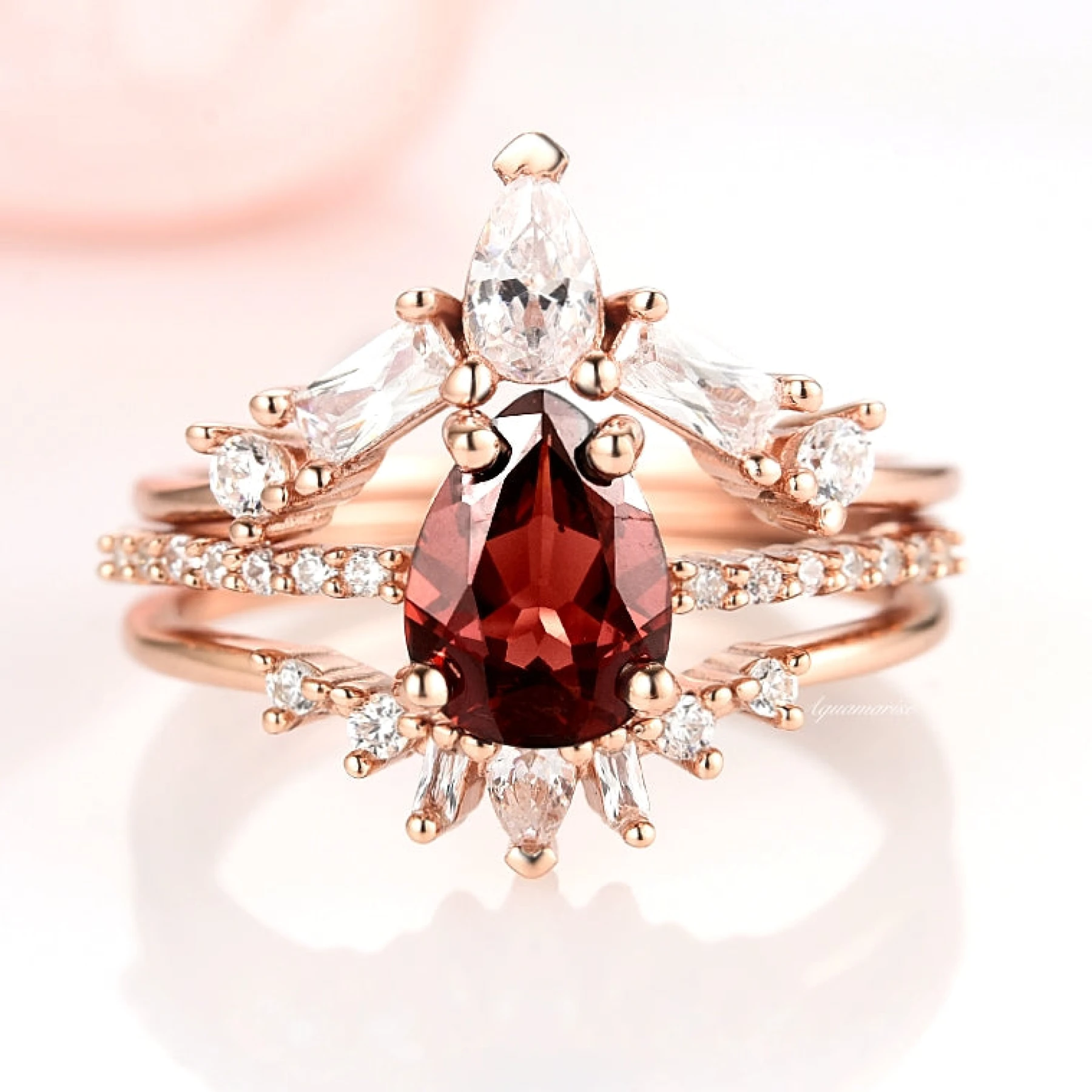 Natural Garnet 3pcs Ring Set in 14K Rose Gold Vermeil