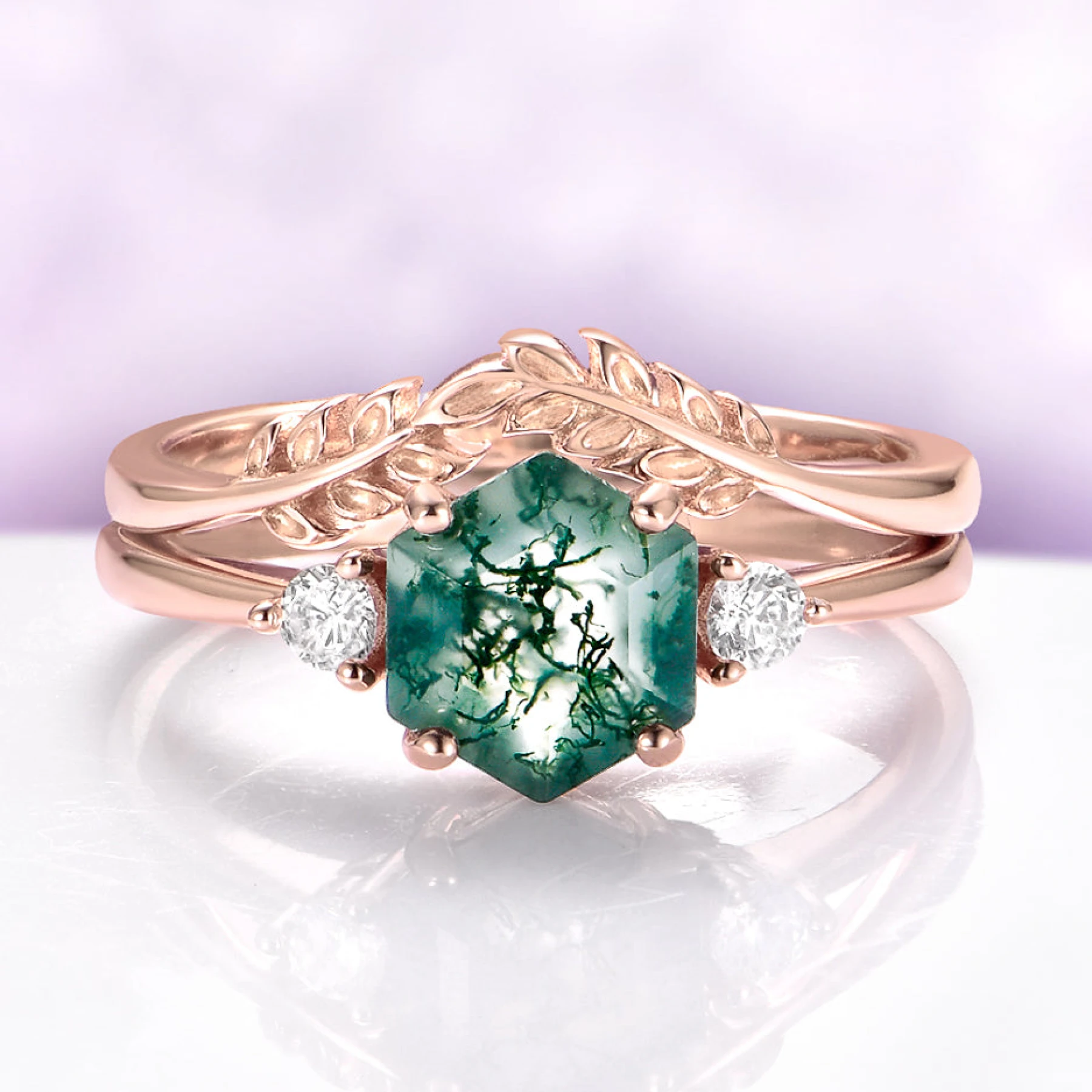 Hexagon Moss Agate Leaf Engagement Ring Set in 14K Rose Gold Vermeil