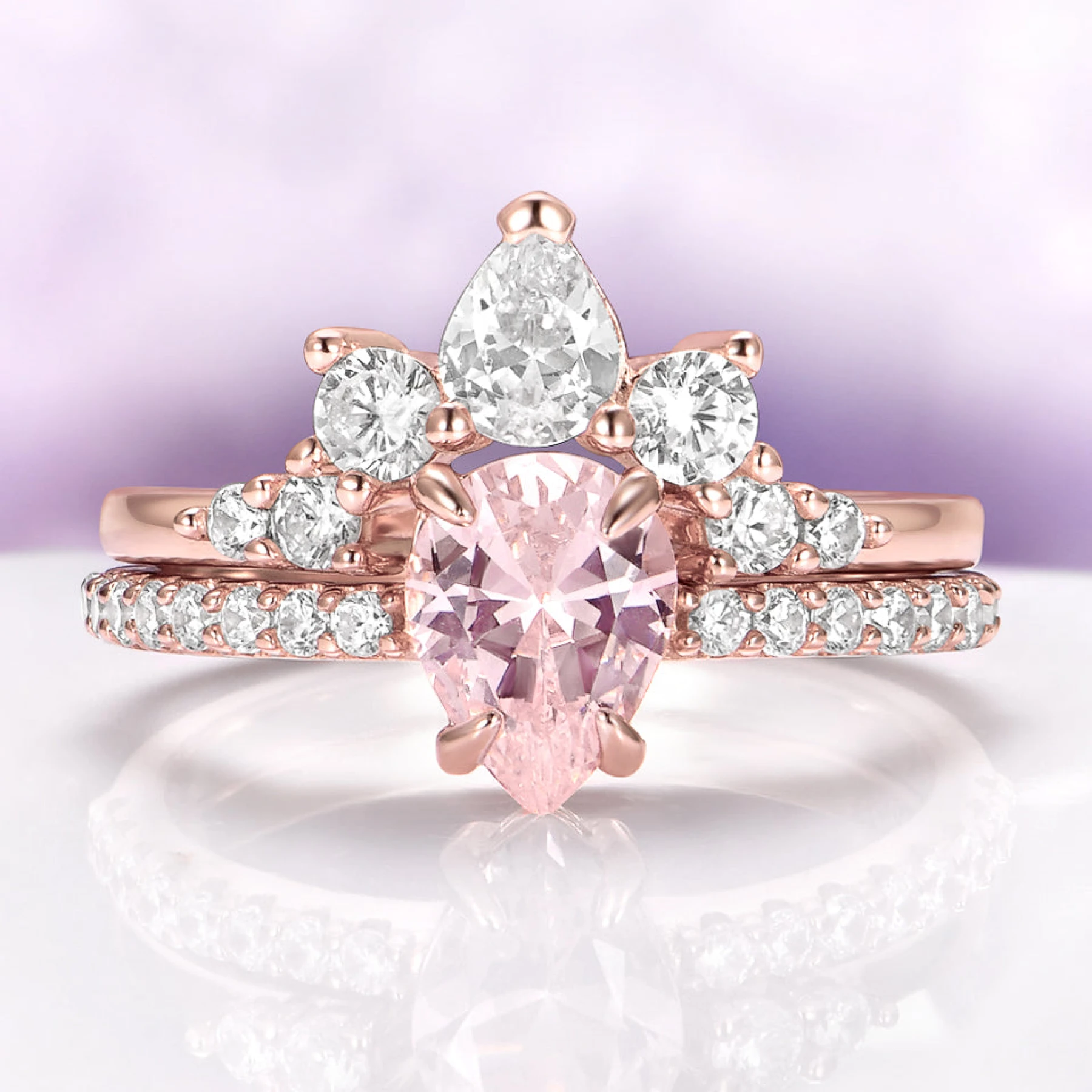 Pear Morganite Engagement Ring Set in 14K Rose Gold Vermeil
