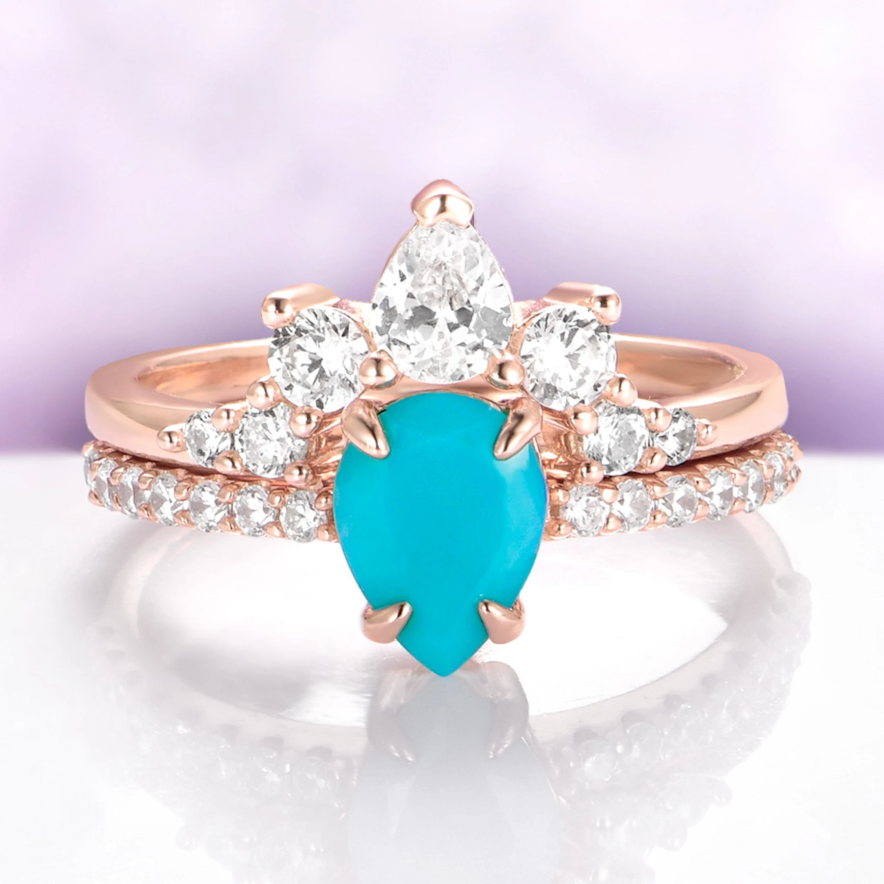 Natural Turquoise Teardrop Stacking Ring Set in 14K Rose Gold Vermeil