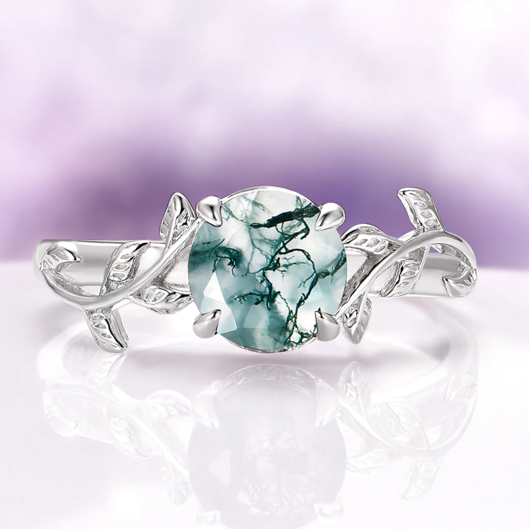 Natural Green Moss Agate Leaf Ring in Sterling Silver