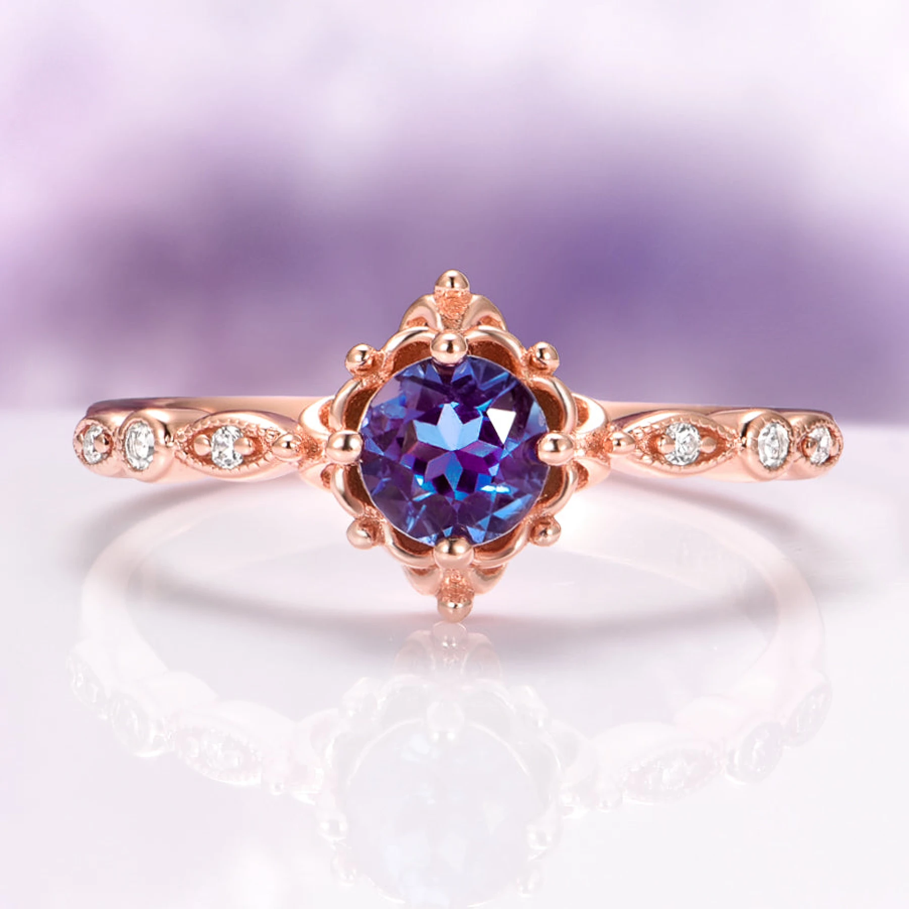 Vintage Alexandrite Fairytale Engagement Ring in 14K Rose Gold Vermeil