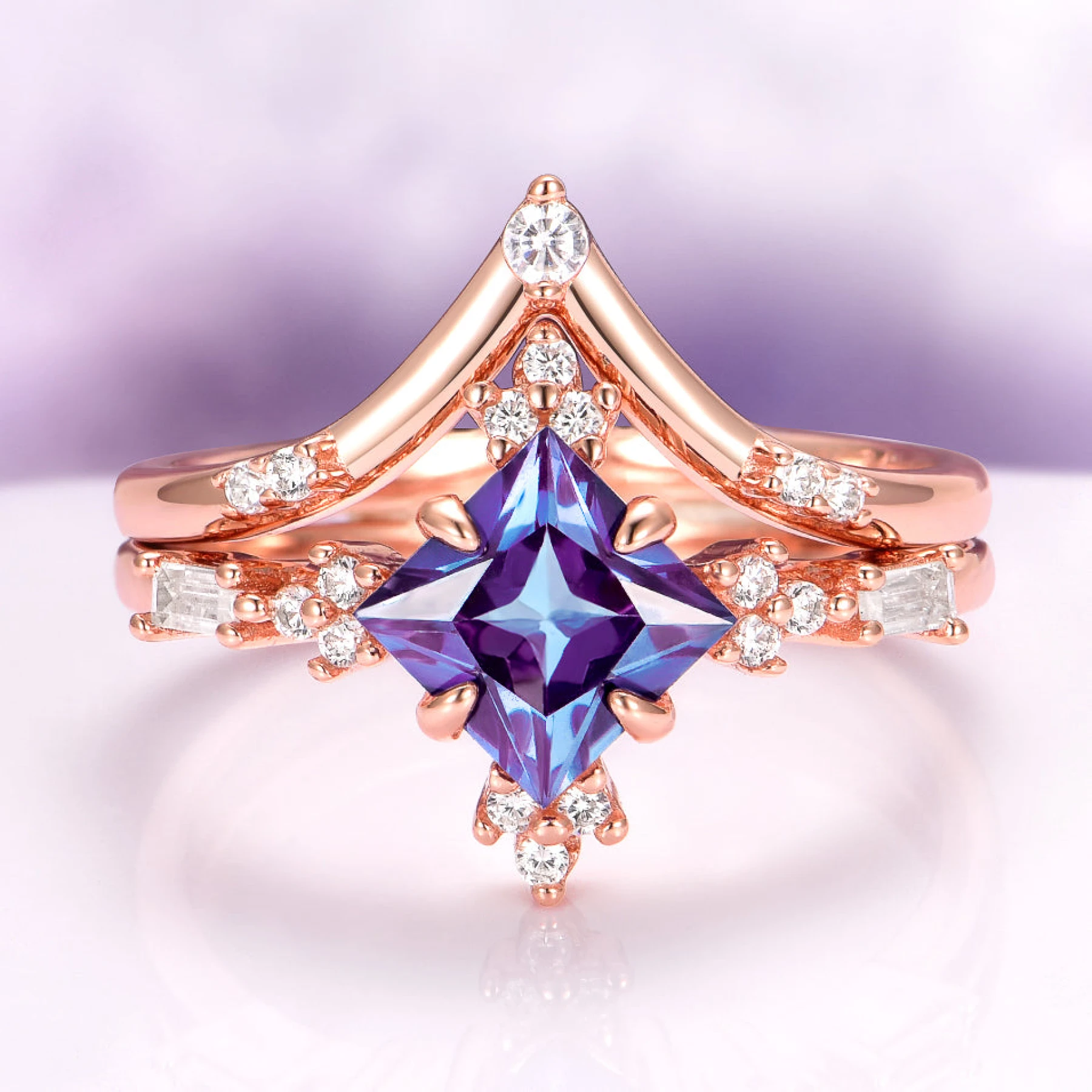 Princess Cut Lab Grown Alexandrite Engagement Ring Set in 14K Rose Gold Vermeil