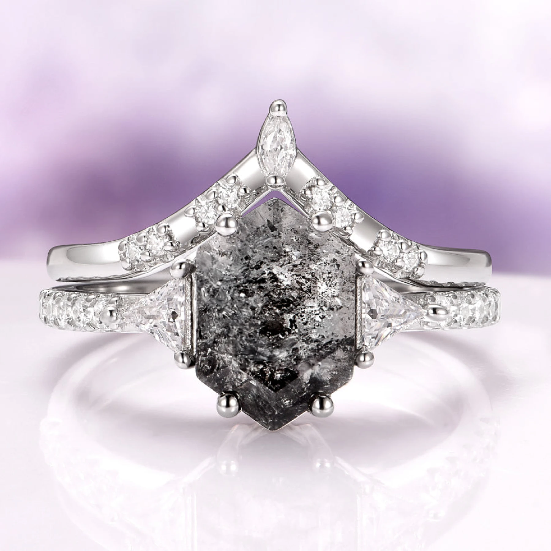 Natural Herkimer Diamond Hexagon Ring Set in Sterling Silver