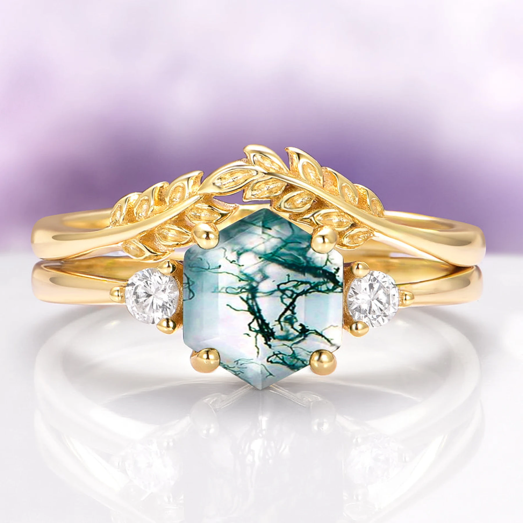 Hexagon Green Moss Agate Fairy Leaf Ring Set in 14K Yellow Gold Vermeil