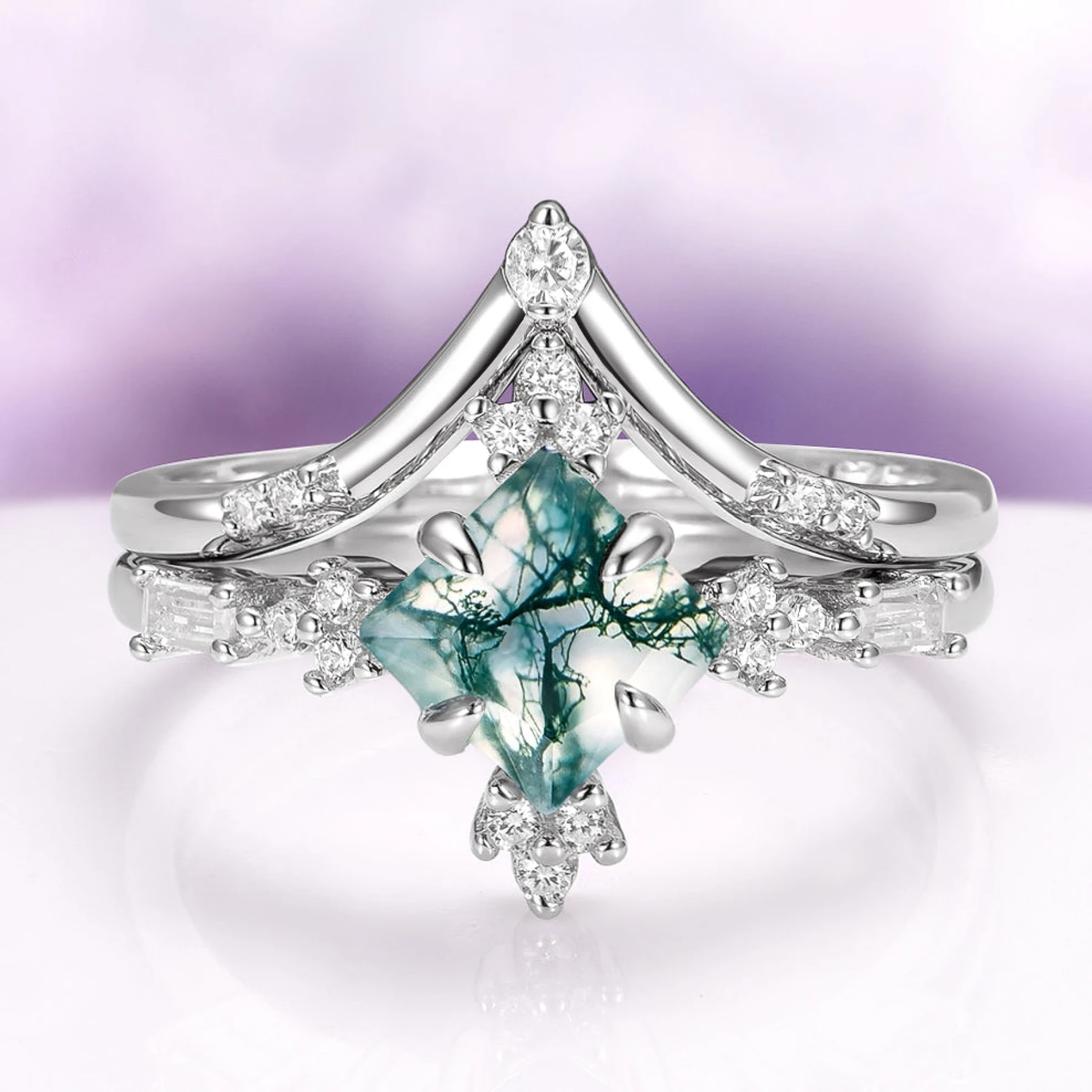 Princess Cut Moss Agate Engagement Ring Set in Sterling